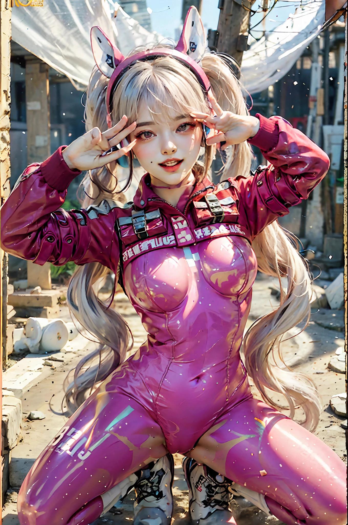 (RAW photo, best quality, mastery:1.2), (realistic, photo-realistic:1.4),(masterpiece:1.4),(best quality:1.4),1girl, solo, :d, Ear headphones, Animal ears, Arms up，bangss，face red，Tights，cleavage of the breast，rabbit pose，Clothes writing，Cover the navel，cowboy lens，Cropped jacket，fake animal ears，mitts，plein-air，Morning，yuki，hair intakes，head phone，Impossible tights，Impossible clothes，jackets，large tits，latex，Latex tights，length hair，long  sleeves，looking at the spectator，large tits，Multicolored gloves，open mouth with，Pink tights，Pink eyes，Red eyes，red jacket，shinning clothes，shrug\（The clothes ar\），sidelocks , tight-fitting, Smile with, Thigh crevices, thighlet, dual horsetail, Very long hair, White Glove, White hair, alice\(nikke\),(shiny skin), pphotorealistic, squatting pose, V-gesture, Legs open