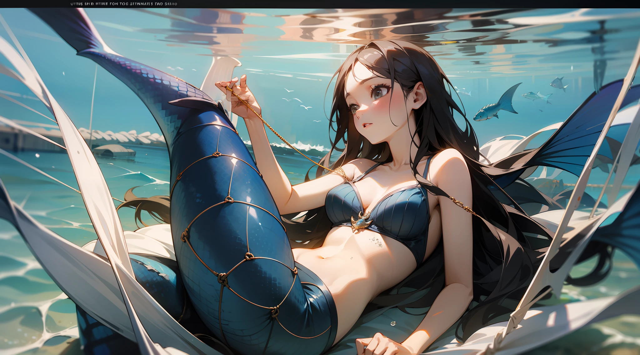 ultra hyperrealistic, ultra detailed photography, full body potrait , photorealistic beautiful Mermaid get caught in fishing nets,Dirty sea entangled in nets,be caught,plastic trash,Scared、In the net、Intricately entangled nets、Covering mesh、Through the net