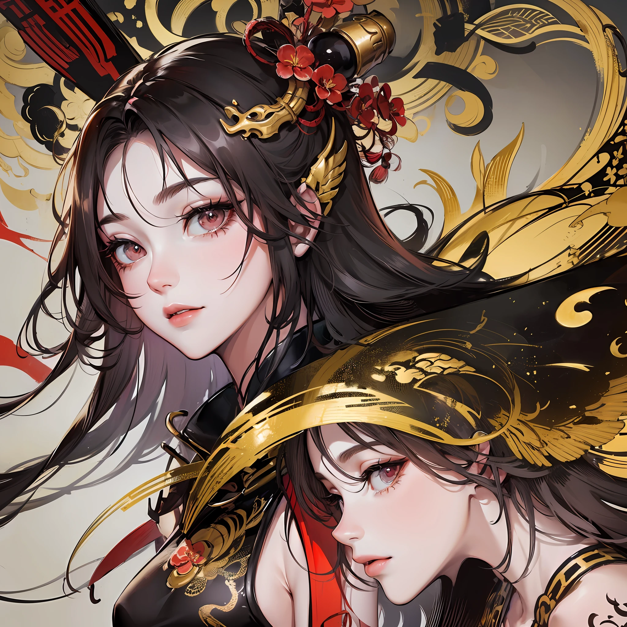 masterece-piece, Superb Painting, (Chinese ink painting), (Mature woman on dragon back), Very beautiful、Glossy、Sexy、Chinese style, (Rasmere Style), (close-up), (Chiaroscuro), Cinematic lighting, (Depth of field), Dragon Boat Festival Poster