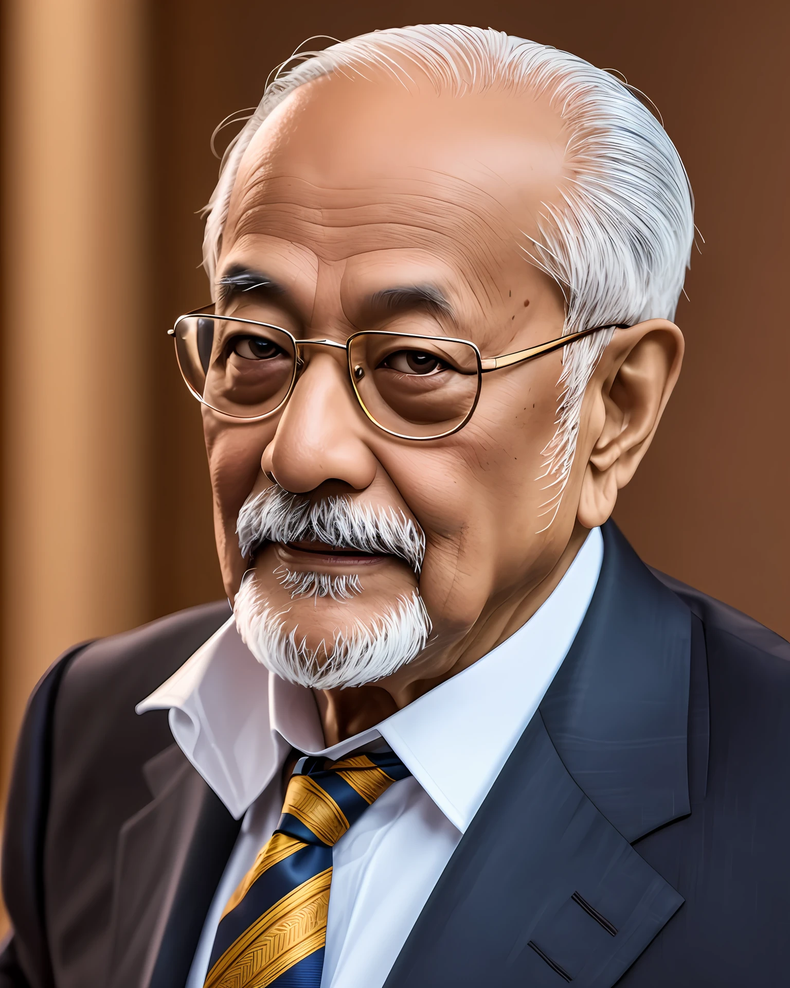 Photo of Moojiji, 70 years, successful appearance, brown skin, air of seriousness, wearing suit and tie, best quality, rim lighting, highly detailed skin, 8k uhd, dslr, high quality, high resolution, 4k, 8k --auto --s2