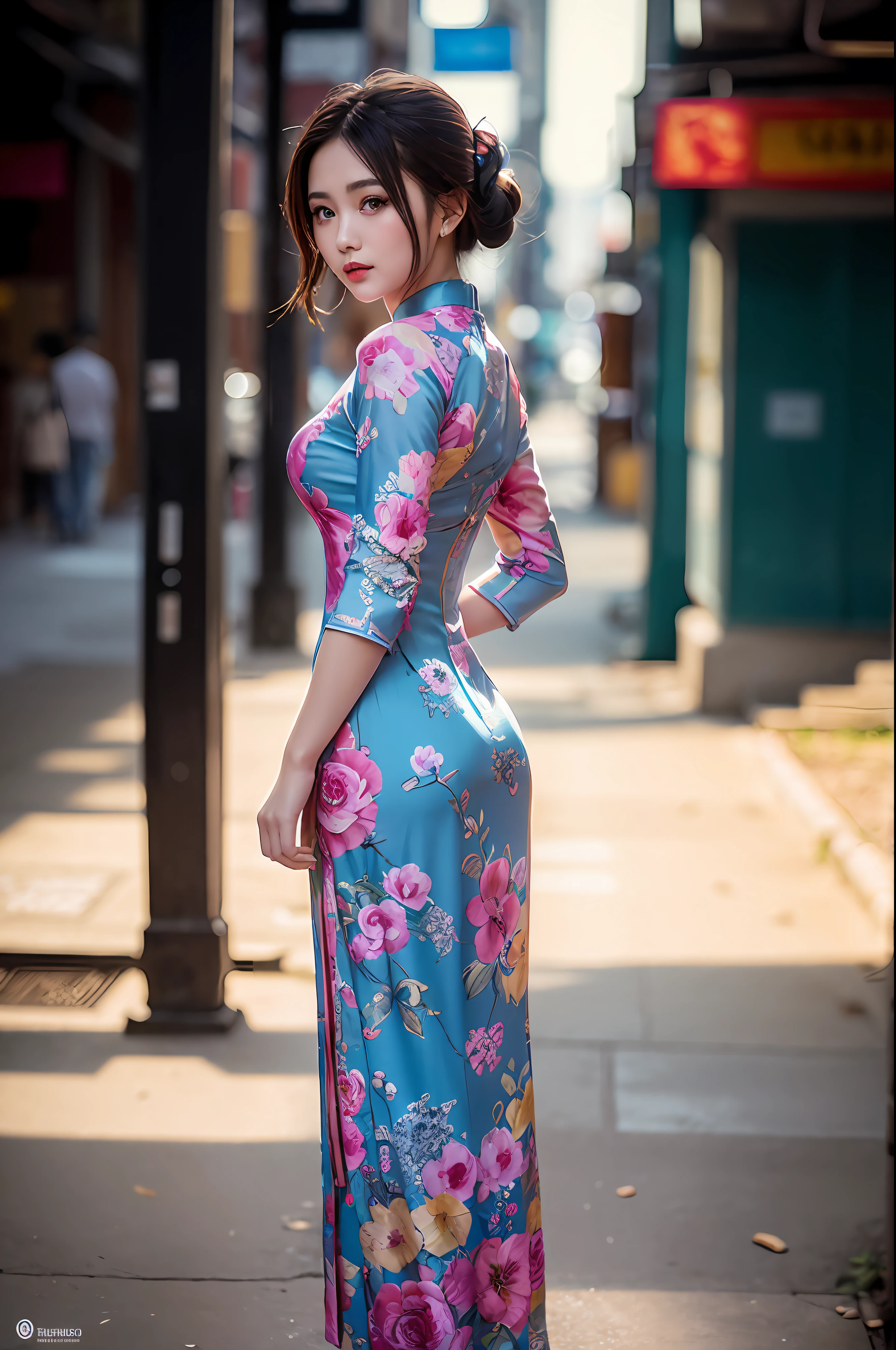 a beautiful girl in vintage bright colors aodai tradition viet nam, city nigth, masterpiece, best quality, realistic:1.3, street, cyberpunk, sunlight, backlighting, artstation, intricate details, vignette, city night, antique car, Hoi An