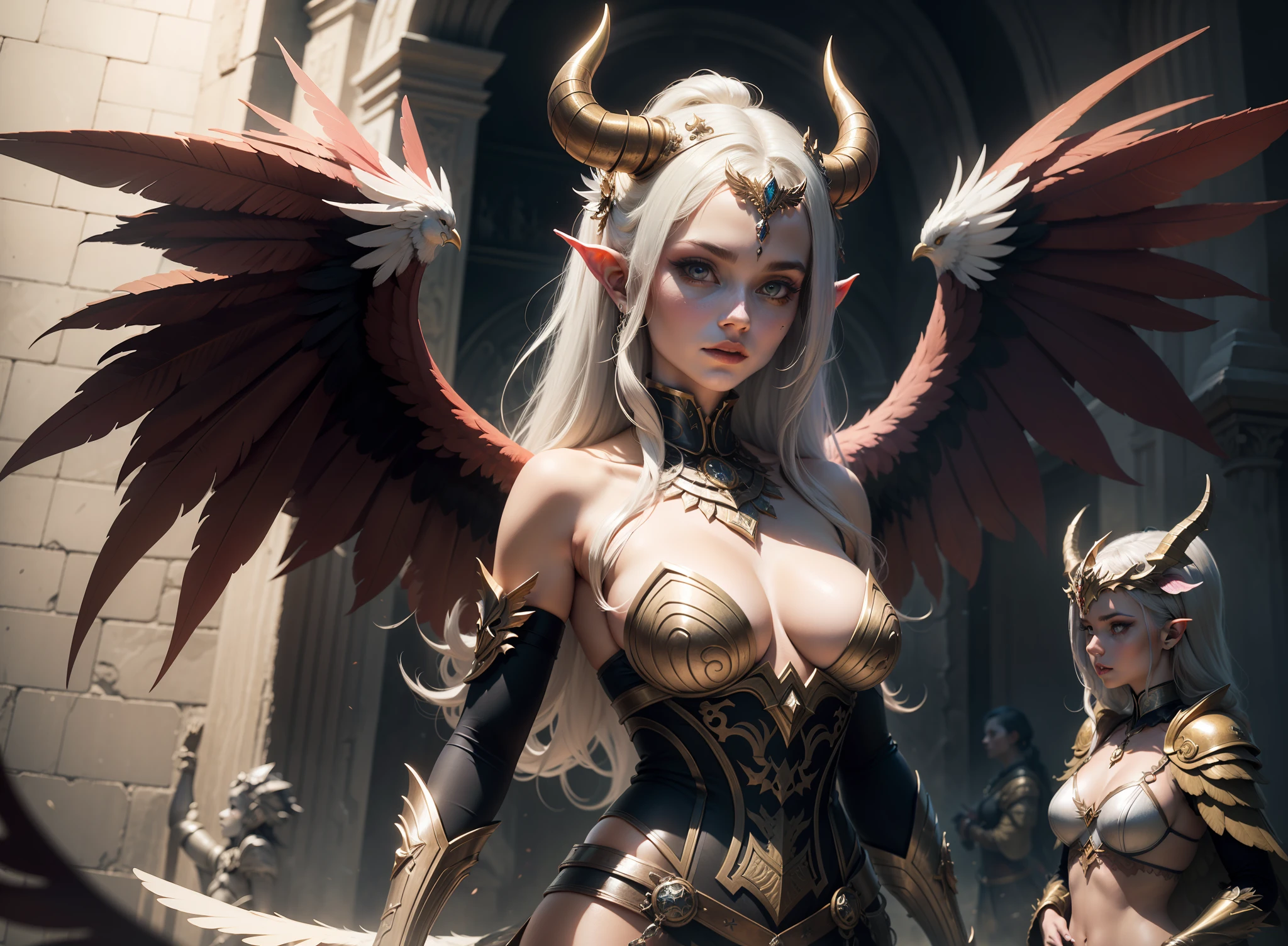 A demon queen with great wings on both sides and horns, on the right side and a Valkyrie on the left side with an impressive plumage, High, amazing detail