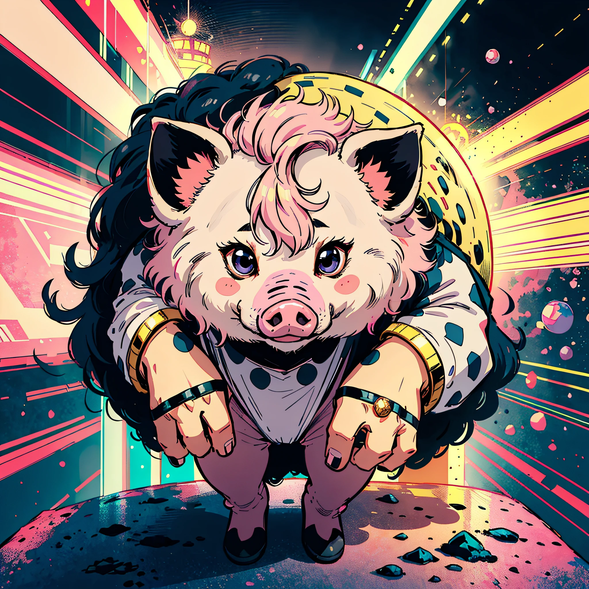 Fluffy cute ball that is a pig, pink fluff, black eyes, pink pig nose, a tan and brown spotted cape, masterpiece, best quality, ((In Marvel comics style))