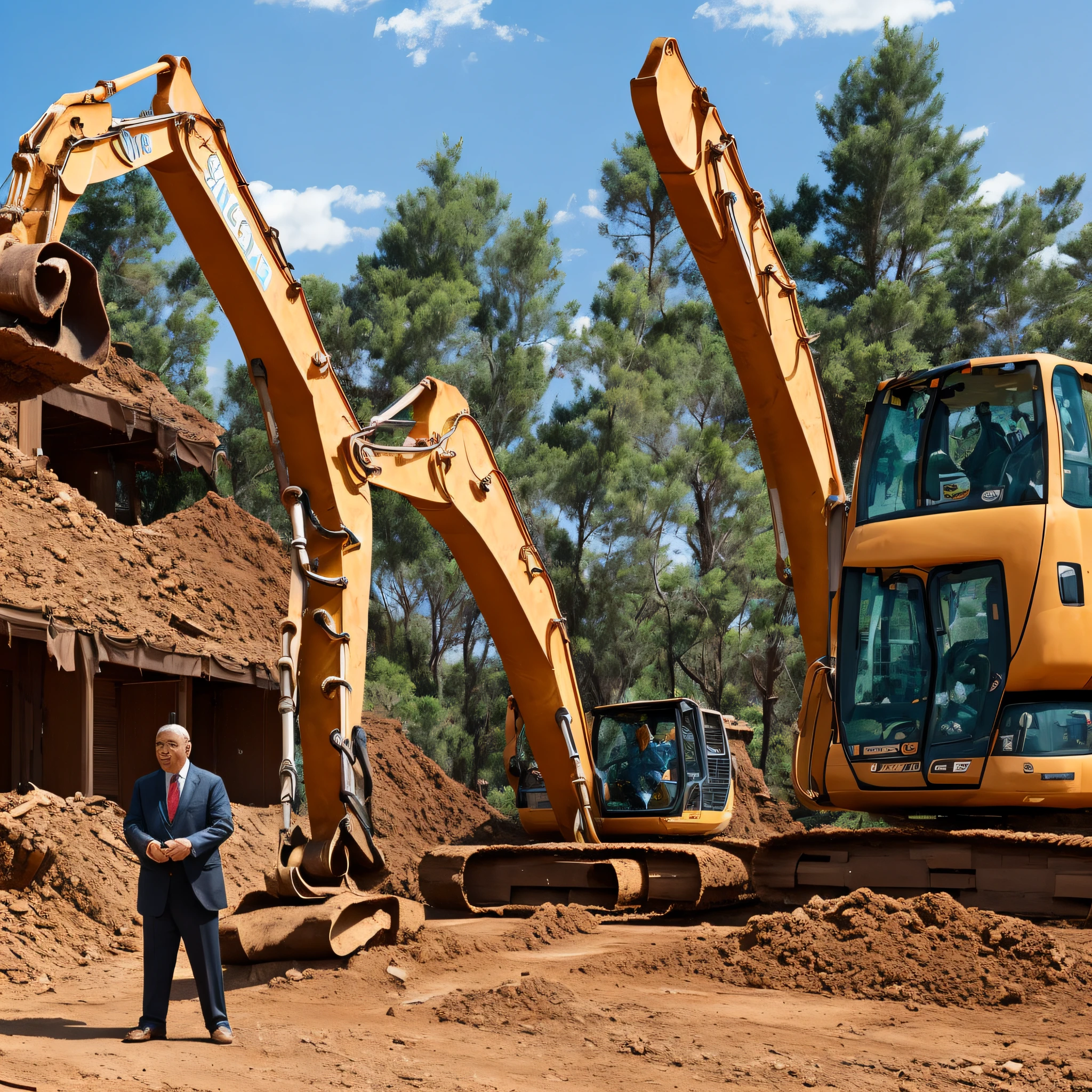 An old man in front of his house,Tall figure,Wearing Chinese clothing,Calling,Surrounded by several big men in suits,An excavator is parked around the house