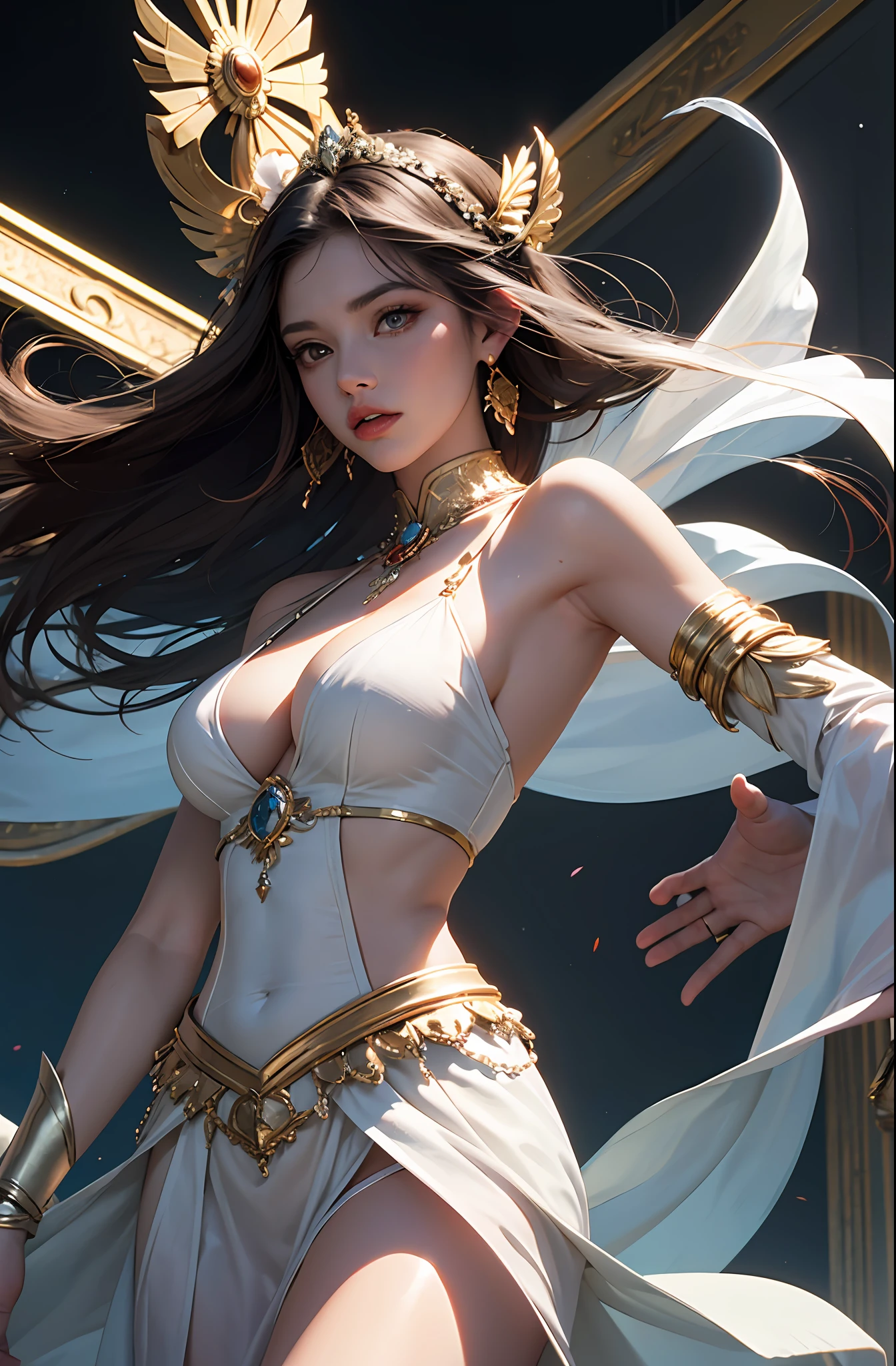 1girls,goddesses，Venus，Delicate and beautiful face,length hair，flowy，full breast，Convex buttocks，Roman skirt，perfectly proportioned, Detailed clothing details,Temple，arena，wonderland，Cinematic lighting, filmgrain, Fujicolor, light and darkcontrast, 8K, 巨作, Textured skin, Super detail, High detail, High quality, high resolucion,