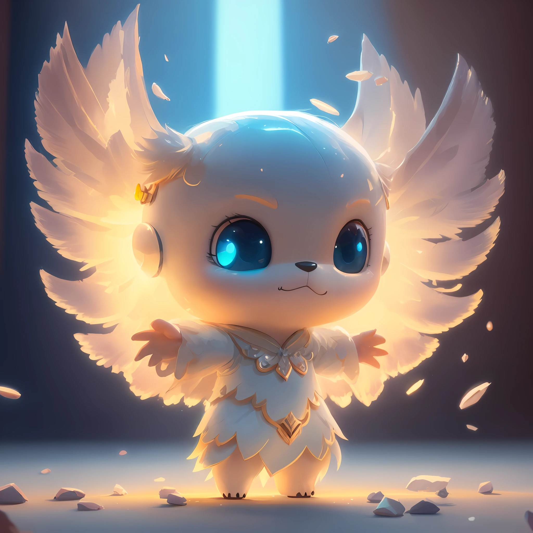a close up of a cartoon character with wings on a stage, cute digital painting, beeple and jeremiah ketner, Cute detailed digital art, rossdraws global illumination, adorable digital art, WLOP Art, advanced digital chibi art, glowing angelic being, Trends in CG society, art by wlop, rossdraws volumetric lighting, adorable glowing creature