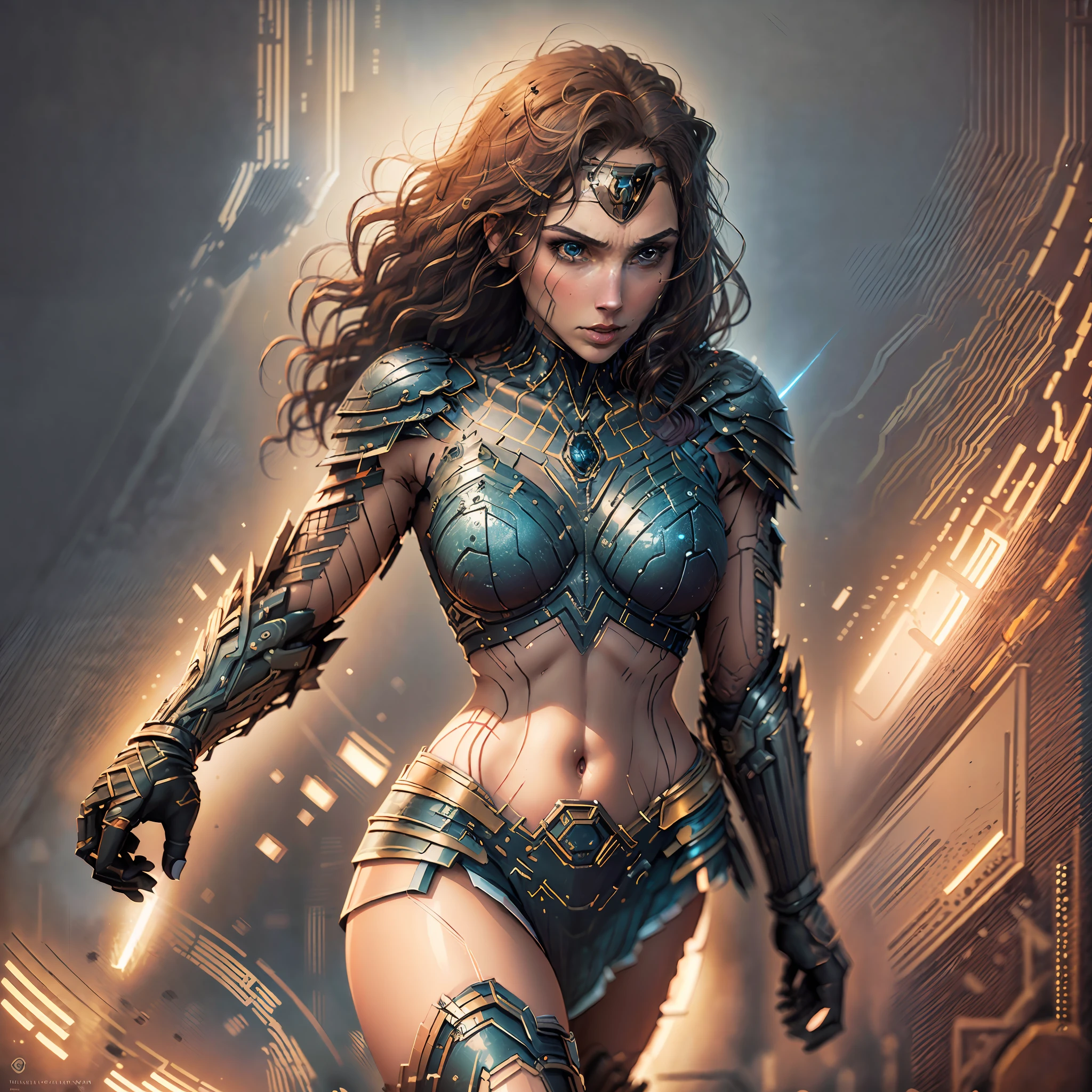 GlowingRunesAIV2_paleblue Highly detailed RAW photo of  gal gadot wearing a wonder woman armor,dynamic pose, (wide hips), (detailed ), (detailed lips), (detailed eyes), (Sci-Fi setting) (detailed face), (curvy), detailed eyes, depth of field, soft lighting, masterpiece, best quality, intricate, (lens flare:0.7), (bloom:0.7), particle effects, raytracing, tone mapped, highly detailed, concept art, smooth, sharp focus, dramatic lighting, highly detailed artwork, cinematic, hyper realistic painting, trending on Artstation, 8K, incredible shadows, realistic, (highly detailed background:1.2)