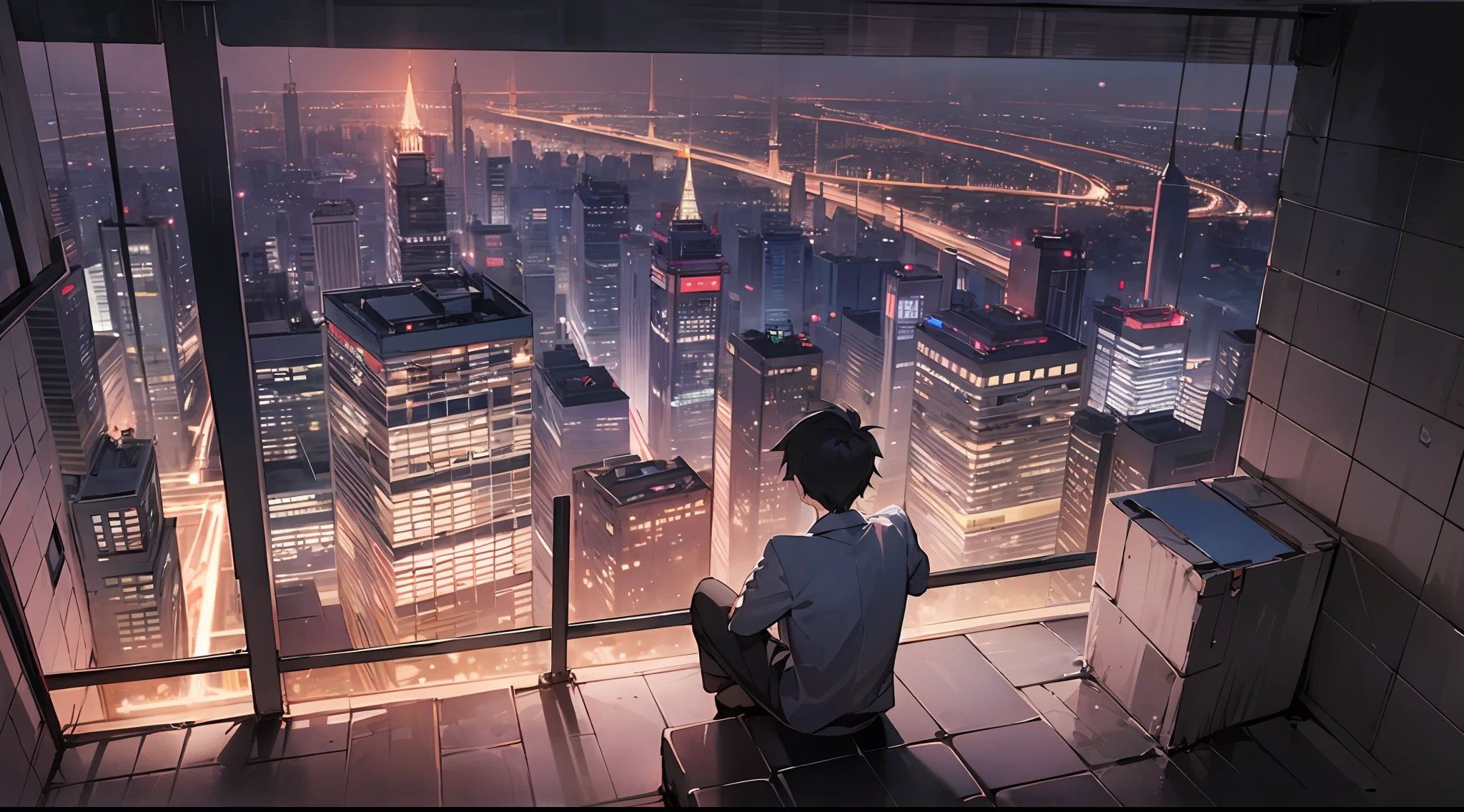 middle shot, A boy, sitting on the roof, looking at the city below, Late at night, Back, From behind