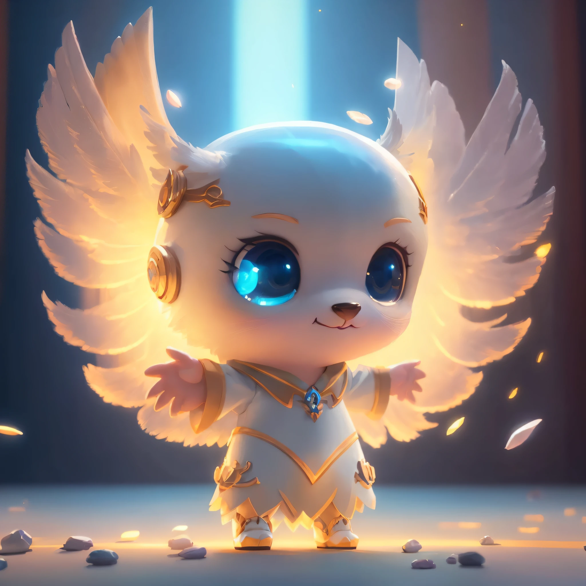 a close up of a cartoon character with wings on a stage, cute digital painting, beeple and jeremiah ketner, Cute detailed digital art, rossdraws global illumination, adorable digital art, WLOP Art, advanced digital chibi art, glowing angelic being, Trends in CG society, art by wlop, rossdraws volumetric lighting, adorable glowing creature