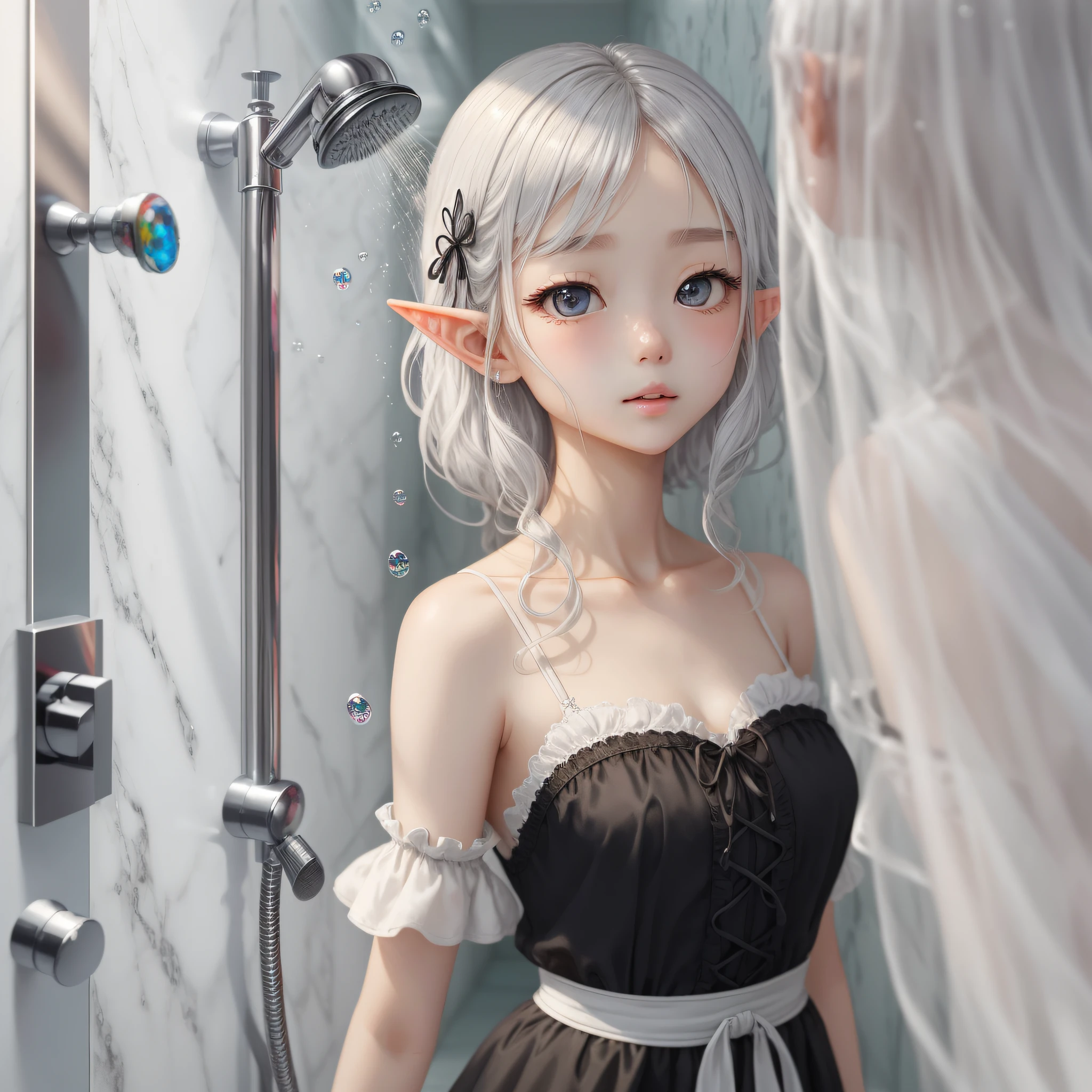 Masterpiece、only girl、beste-Quality、an extremely delicate and eautiful、extremly detailed、The best rendition、((8K High Quality Detail Painting))、artistic、elvish、
Gothic Maid of Elves、
gothic maid clothes、Sheer Gothic Maid Clothes、Gothic maid clothes with little fabric、
Gamine、Bare shoulders、Shiny hair、White light、Shooting from the back、Turning around、Royal Baths、Yufune、soap bubbles、White marble floor、White marble wall、being hit in the shower、
12 Year Old Elf、White light、slick skin、small tits、Slender girl、((White Skin Skin))、Colorful lips、Super delicate hair、Clear blue eyes、Kojiri、Super cute、short stature、Transparent silver-white hair、roundly eyes、 --auto