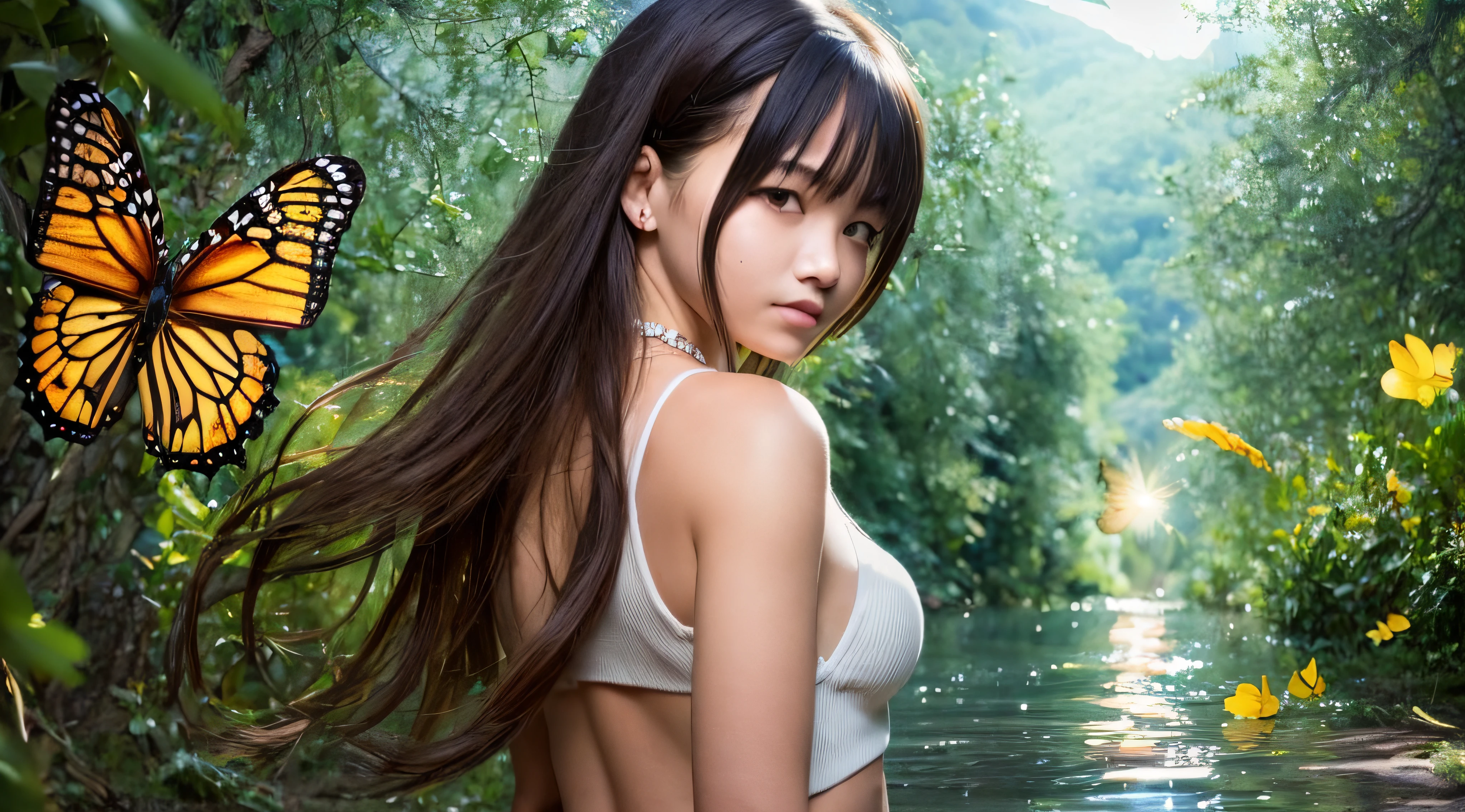 masterpiece, best quality, 1girl, outdoors, black hair, glowing, night sky, yellow eyes, looking back, long hair, butterfly, water,