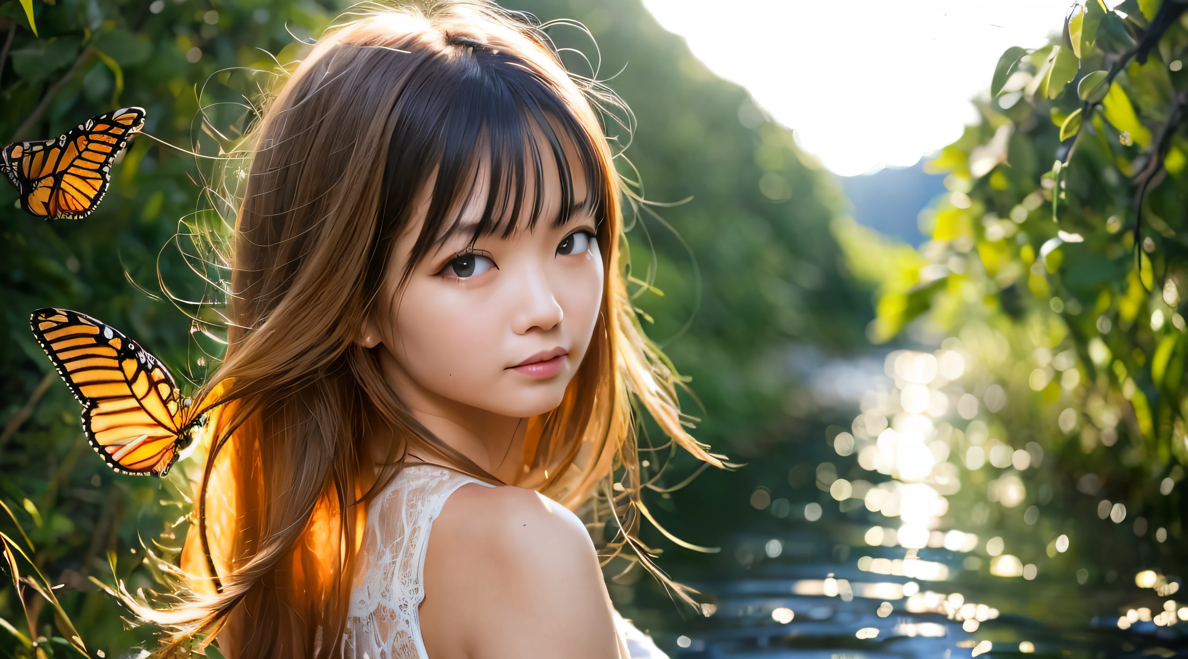 masterpiece, best quality, 1girl, outdoors, black hair, glowing, night sky, yellow eyes, looking back, long hair, butterfly, water,