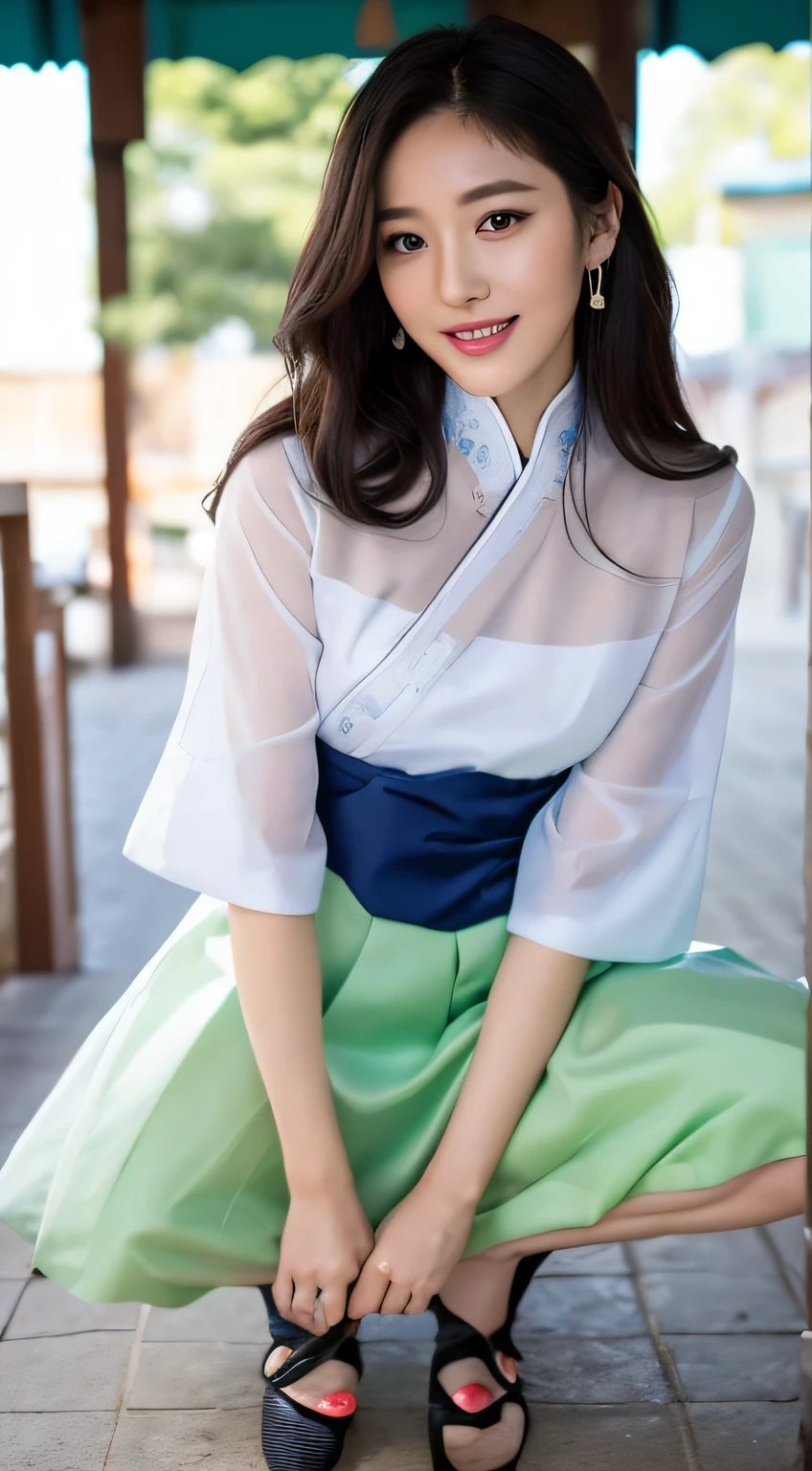 Delicate, Maste Piece, Beautiful detailed, colourfull, finely detailed,Detailed lips, Intricate details, (1 woman:1.1), (a gorgeous beautiful 30 age years old y korean woman:1.1),(KPOP Idol, Korean mixed), (Tied hair:1.1), (50mm Sigma f/1.4 ZEISS lens, F1.4, 1/800s, ISO 100, fotograpy:1.1), a large brehotorealistic:1.1), Solo, Looking_au_the viewer, Tall lady, ,Happy smile, from the_front, earrings, slim_Legs, skinny, Thigh_the gap, Models, Lens Flare, chokers,(hanbok+See-through silhouette, Wedge Heel:1.3), korean commentary, Korean_Street, Korean_traditional_casa,1boy, jingle, crouching cowgirl, vaginal, 