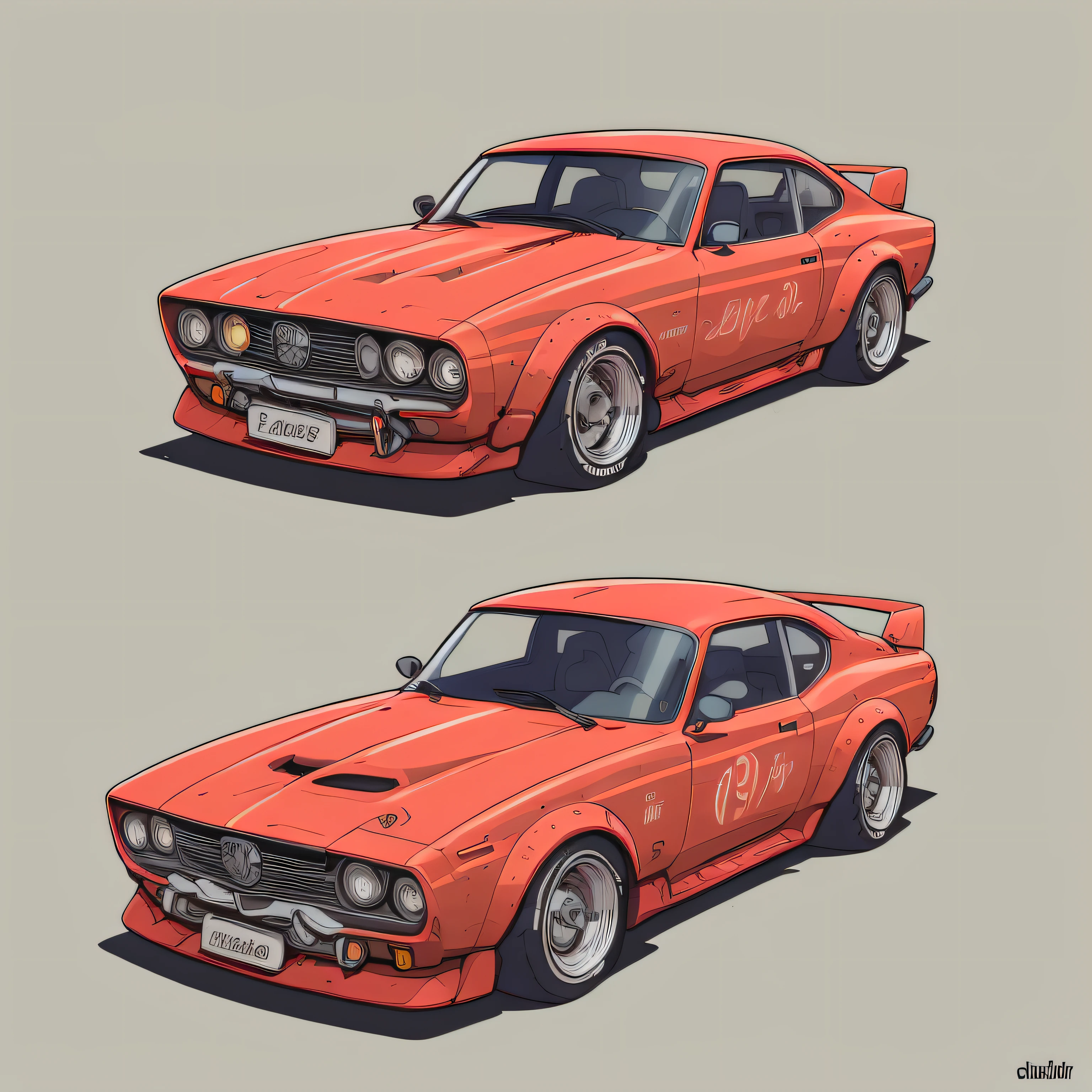 auto Datsun 180-j 1975 color naranja, con tabla de surf en la parte superior, Highly detailed illustration.", vehicle illustration, cartoon style illustration, estilo de dibujos animados, HD Illustration, ultra-detailed illustration, vector illustration, Hiper real altamente detallado, Highly detailed illustration, high detail illustration, retro illustration, Caricatura altamente detallada, artistic illustration, Arte vectorial altamente detallado, a beautiful art illustration