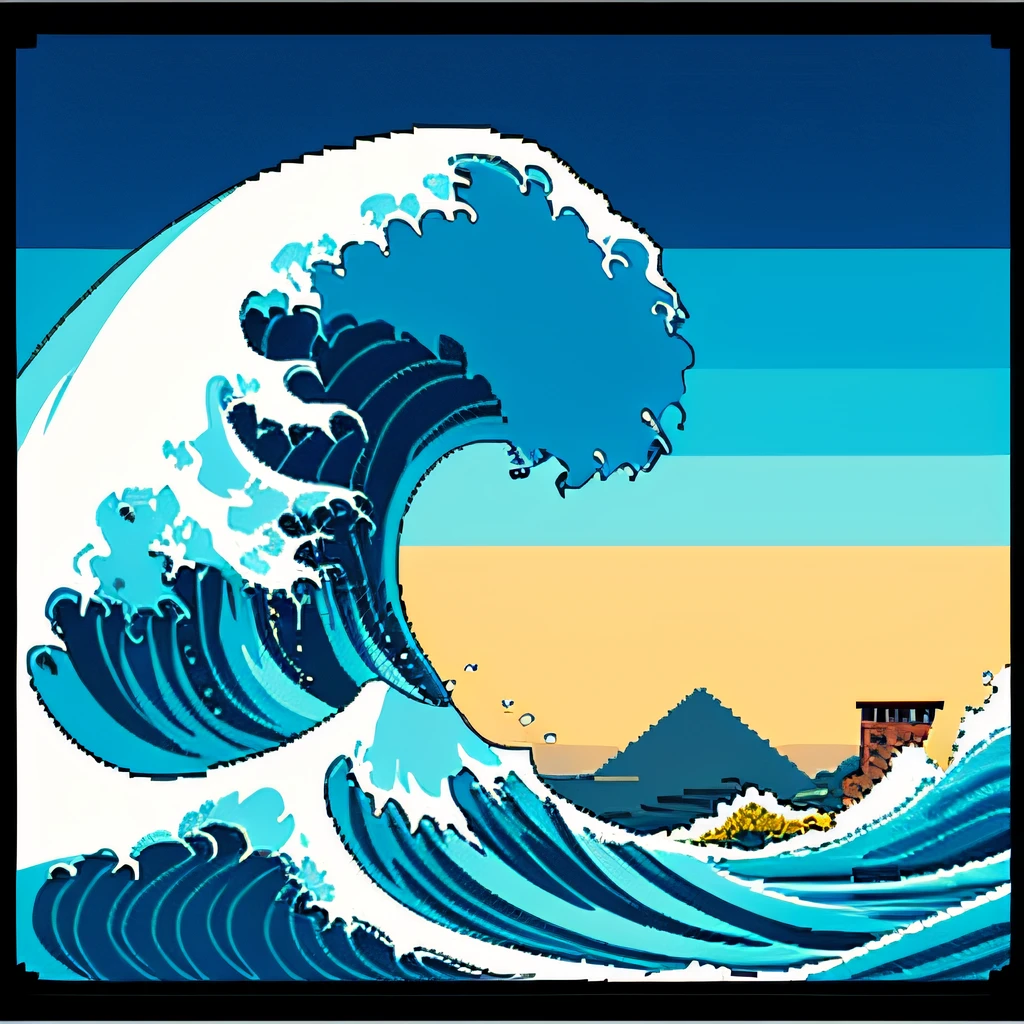 a 16 bit color palette pixel art style image of a wave crashing into the mountains with brick houses safe on top of the mountains --auto