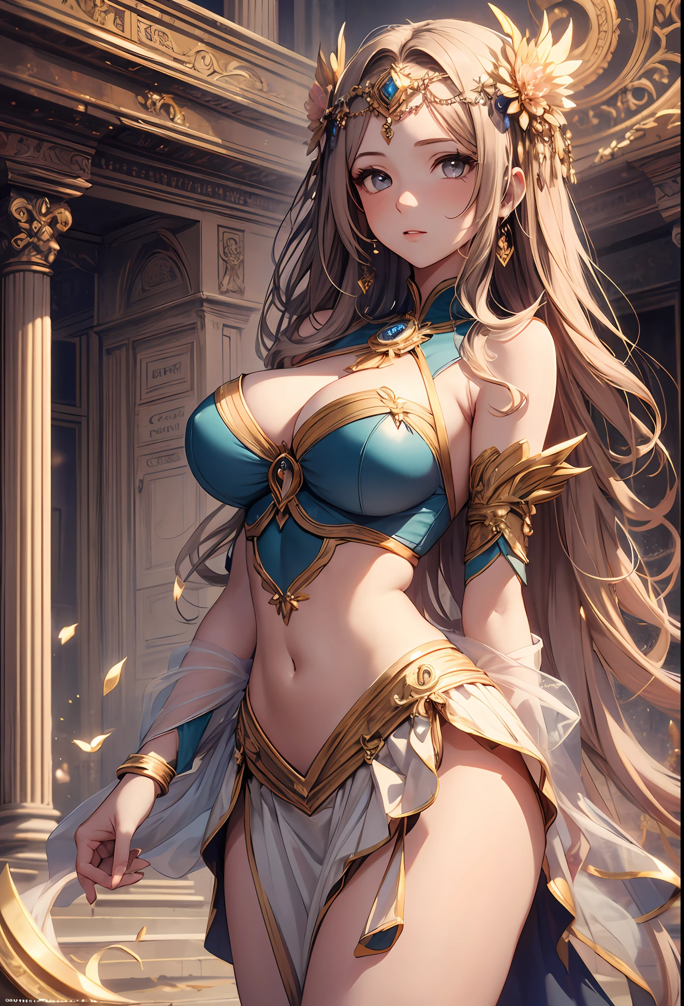 1girls,goddesses，Venus，Delicate and beautiful face,length hair，flowy，full breast，Convex buttocks，Roman skirt，perfectly proportioned, Detailed clothing details,Temple，arena，wonderland，Cinematic lighting, filmgrain, Fujicolor, light and darkcontrast, 8K, 巨作, Textured skin, Super detail, High detail, High quality, high resolucion,