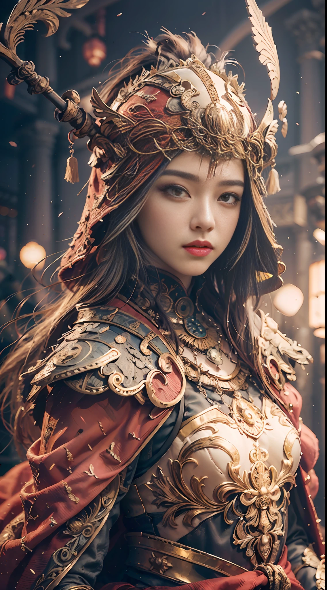 ((Masterpiece))), ((Best Quality))), ((Ultra Detailed)), (Surreal), (Highly Detailed CG Illustration), Cinematic Light, Realistic, Very Beautiful Young Lady,Sexy, Light Makeup,, Intricate Details EABA, Red Cloak, Spear