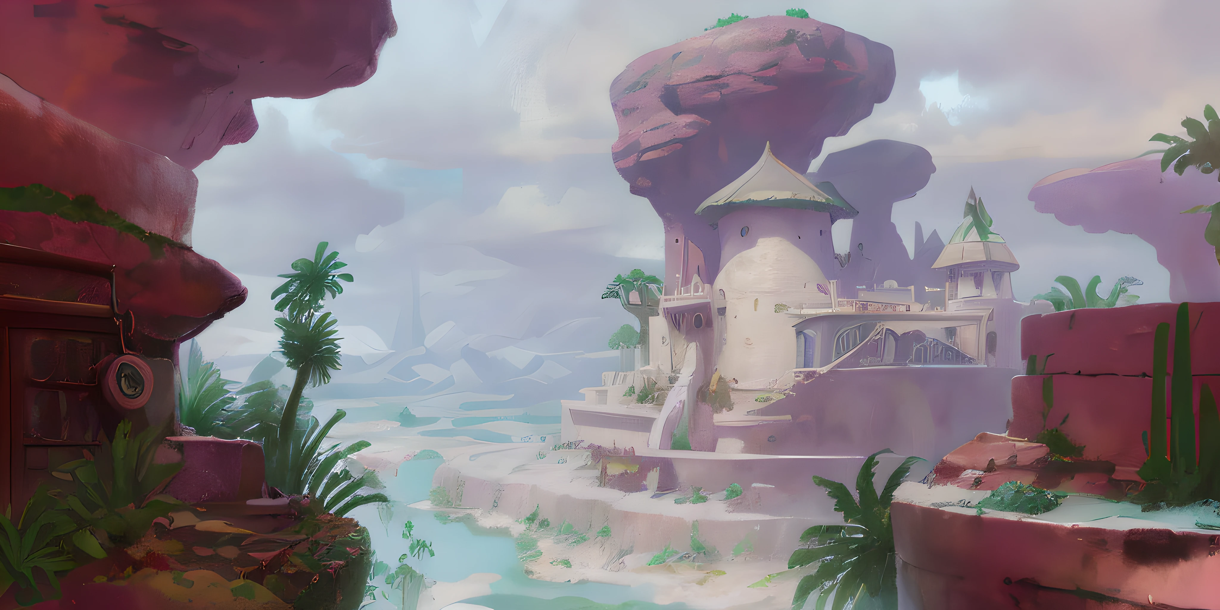there is a painting of a small castle in a desert, Stylized concept art, arte de fundo, art nouveau jungle environment, disney inspired landscape, concept-art ， highly rendered, background artwork, concept-art, concept-art, painted as a game concept art, concept art for a video game, environment design illustration, environment painting, environment concept art，illustration art，African indigenous architecture