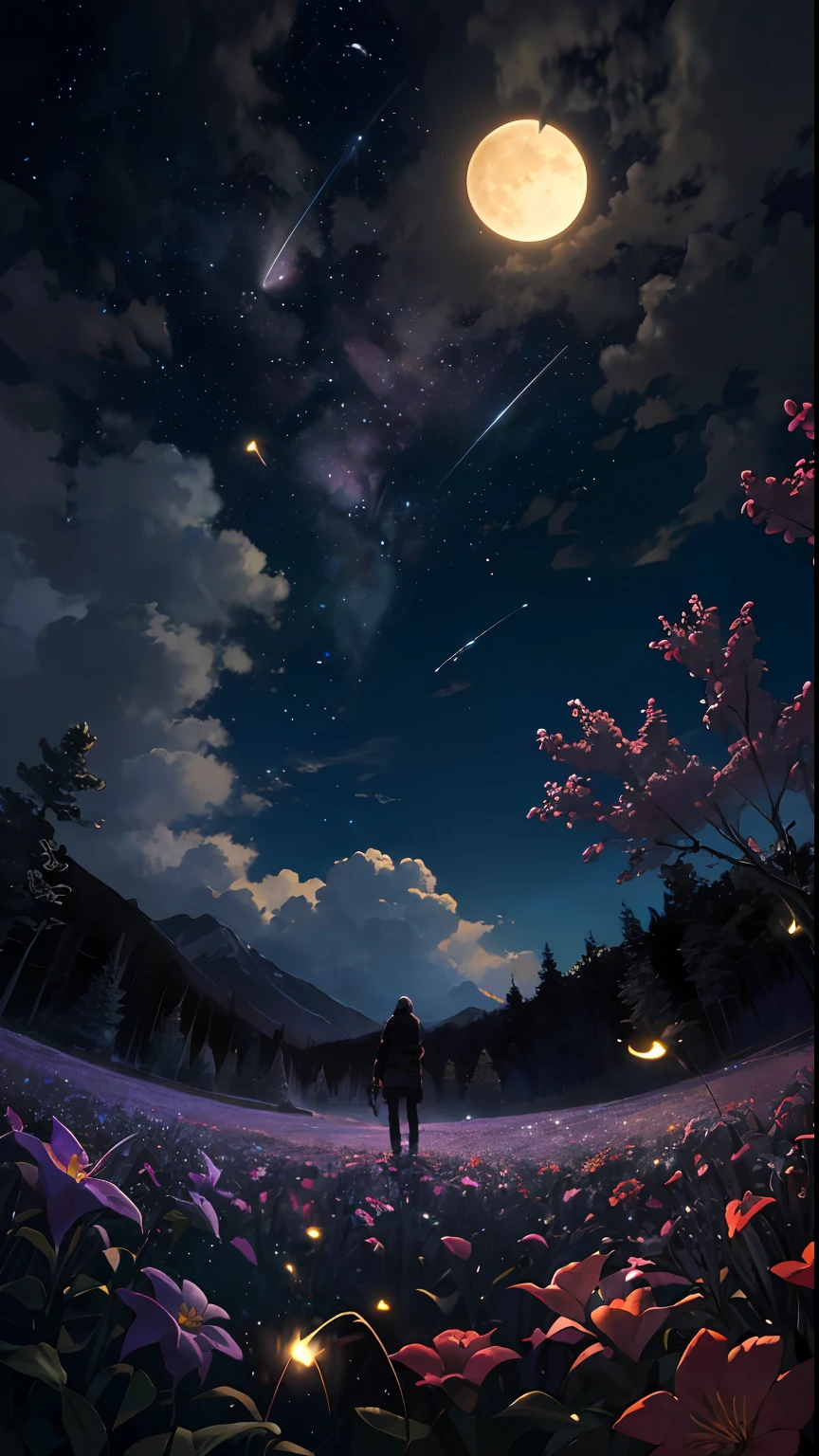 Vast landscape photo, (viewed from below, the sky is above and the open field is below), a girl standing on a flower field looking up, (full moon: 1.2), (meteor: 0.9), (nebula: 1.3), distant mountains , Trees BREAK Crafting Art, (Warm Light: 1.2), (Fireflies: 1.2), Lights, Lots of Purple and Orange, Intricate Details, Volumetric Lighting, Realism BREAK (Masterpiece: 1.2), (Best Quality), 4k, Ultra-Detailed, (Dynamic Composition: 1.4), Very Detailed, Colorful Details, (Rainbow Colors: 1.2), (Glow Lighting, Atmospheric Lighting), Dreamy, Magical, (Solo: 1.2)
