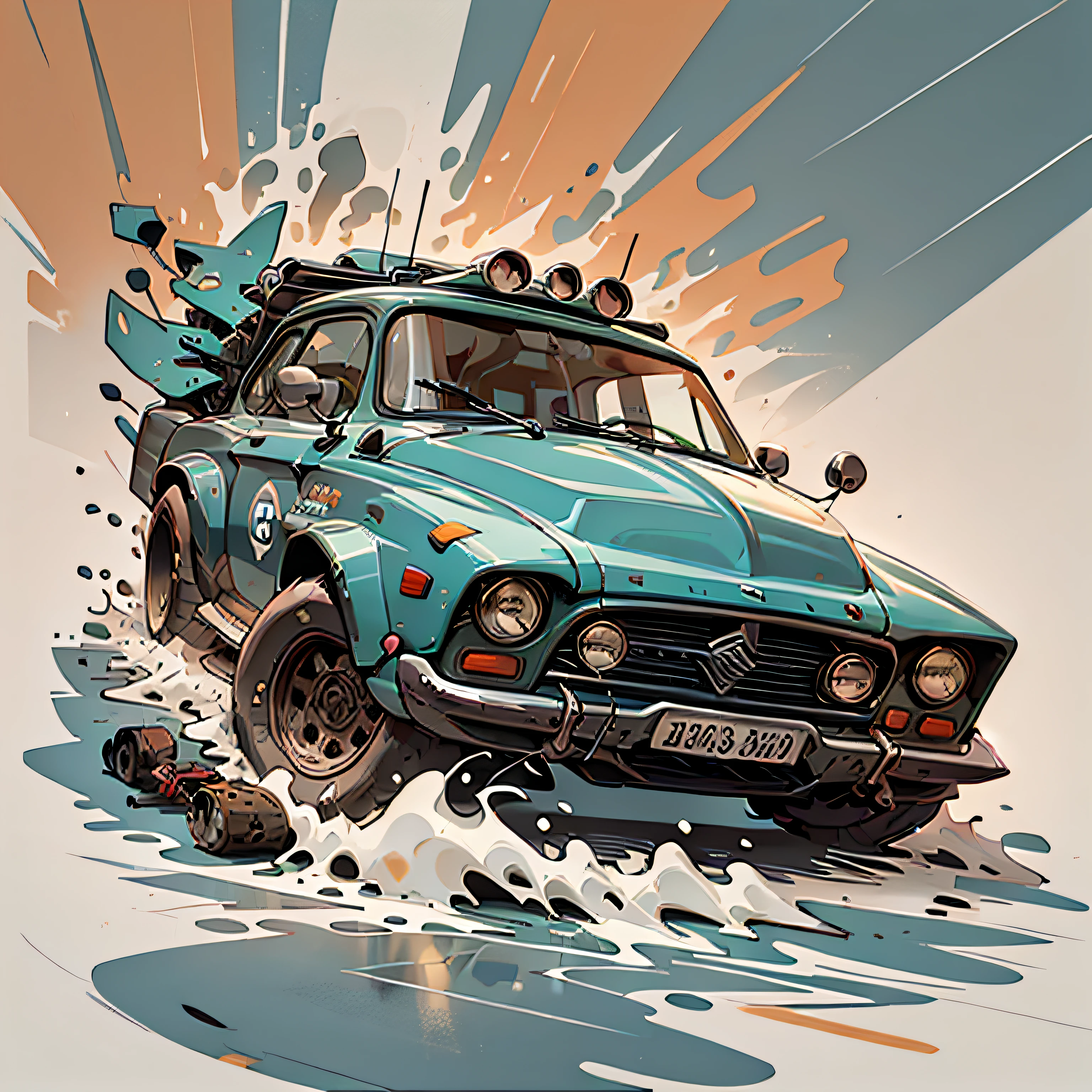 auto Datsun 180-j 1975 color naranja, con tabla de surf en la parte superior, Highly detailed illustration.", vehicle illustration, cartoon style illustration, estilo de dibujos animados, HD Illustration, ultra-detailed illustration, vector illustration, Hiper real altamente detallado, Highly detailed illustration, high detail illustration, retro illustration, Caricatura altamente detallada, artistic illustration, Arte vectorial altamente detallado, a beautiful art illustration