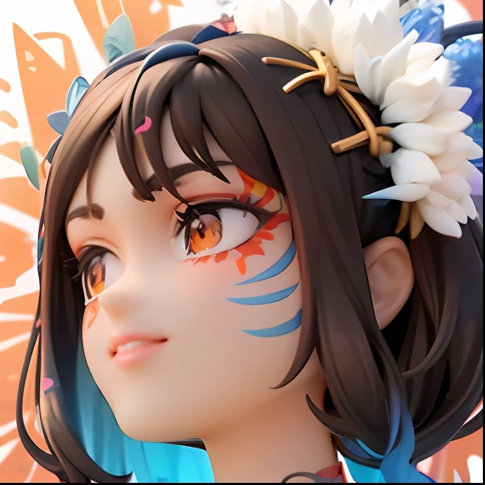 Teen girls、Brown hair(Blue Inner Color)、short-cut、Red and blue flower hair ornament、Red Face Paint、orange eyes、