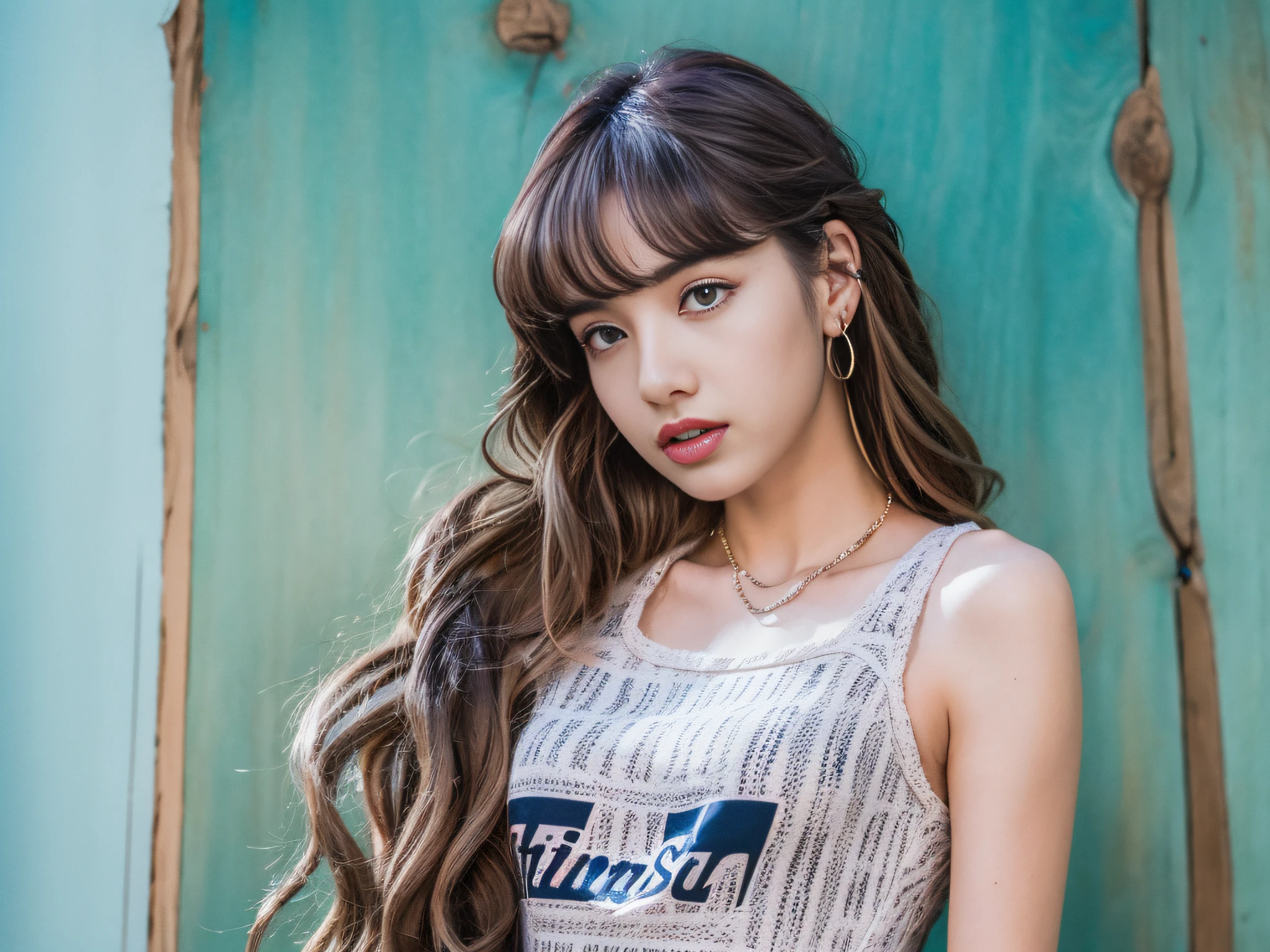 Lisa has long hair，Lisa face shape，bust，ringlets，American retro sportswear，Short skinny slip T-shirt，Digital printing，sexly，nmasterpiece,Need,photorealestic，high-definition，Natural sunlight，，16k