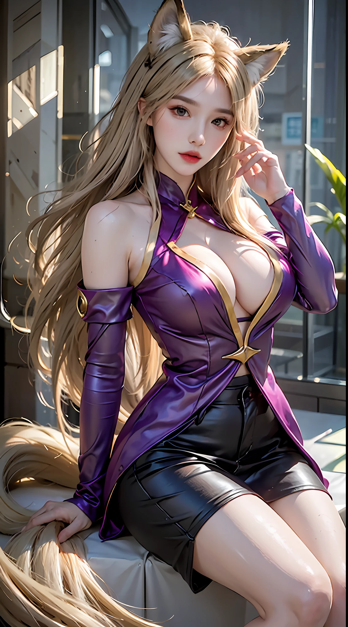 pphotorealistic, high resolution, 1 girl, waist up, beautiful eyes, normal breast, animal ears, solo, fox ears, long hair, blonde hair, brown eyes, fox girl, fox tail, k/da ahri, k/da \(league of legends\)