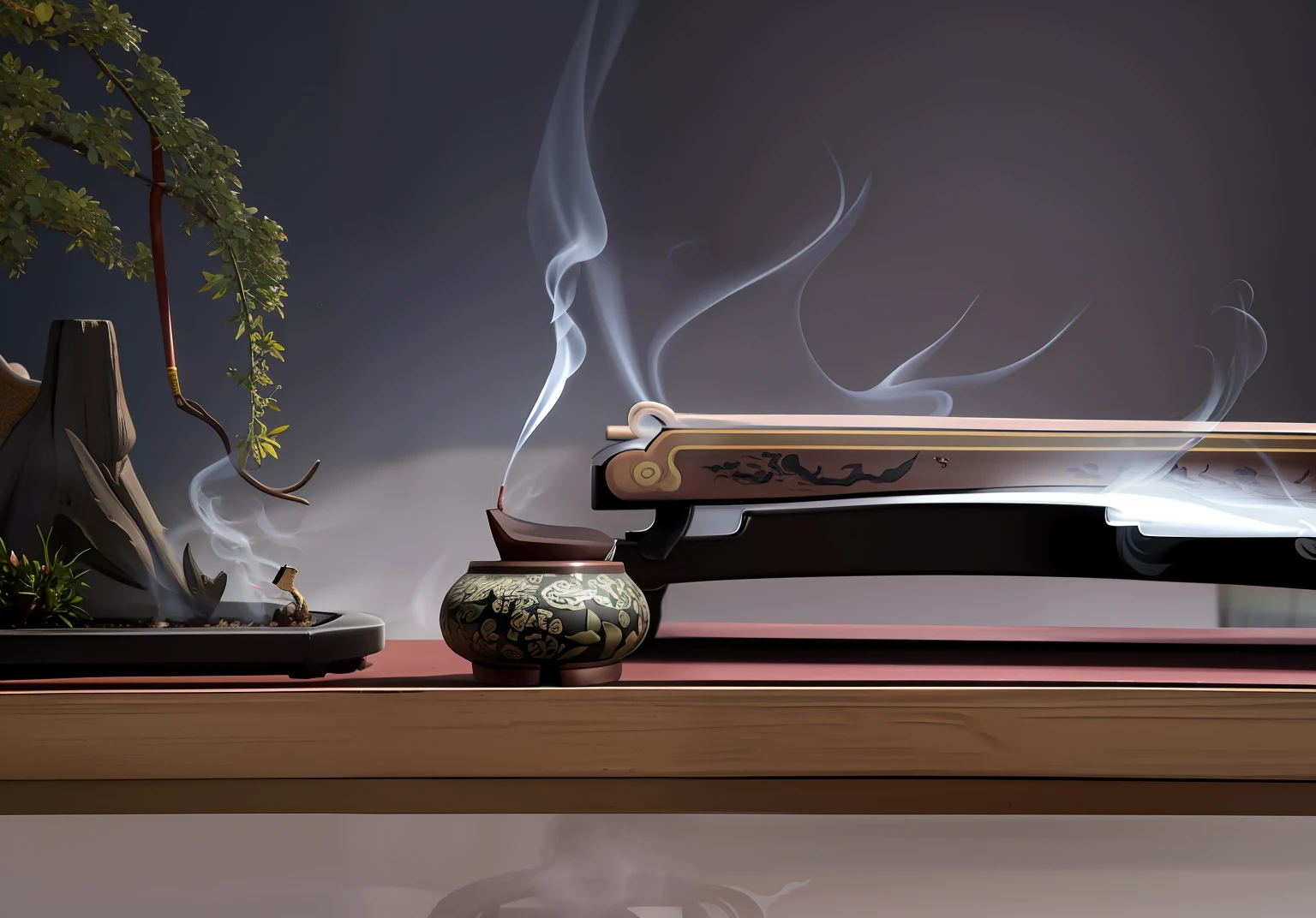 On the table is a small bonsai plant,There is a guqin next to it, Guqin,incense smoke fills the air, Guqin,incense, inspired by Fu Baoshi, Guqin,inspired by Tang Yin, chinese ink brush, Guqin,Detailed guqin smoke, Guqin,inspired by Cao Buxing --auto