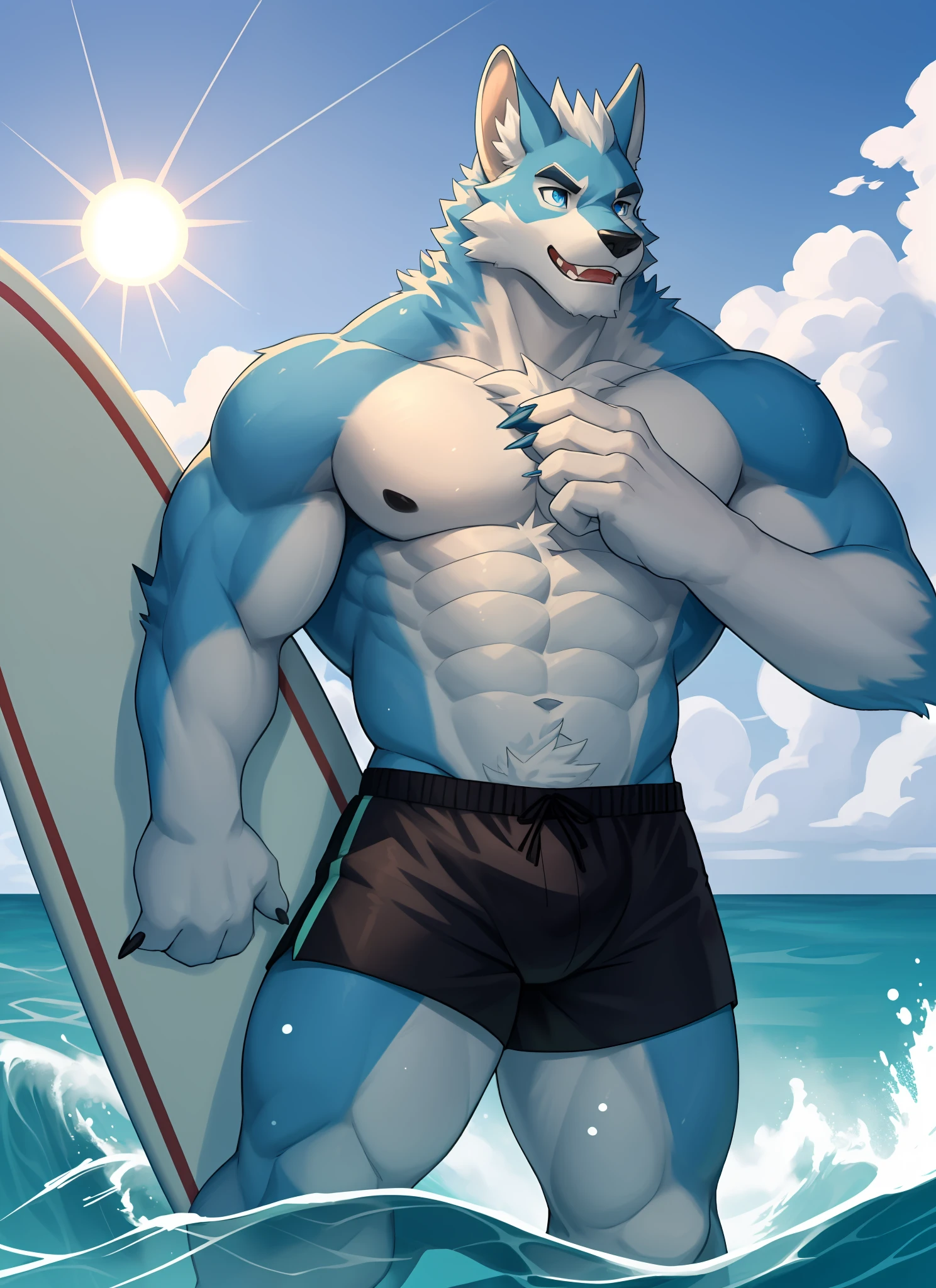 独奏,1boys, Male focus, very muscular, chest muscle, mucular male, Briefs, Sharp nails, During the Day,afloat, Long hairs, Blue fur,Thick legs,Lewd expression,独奏,solo person,swimshorts,Only one person!Cross your hands at the waist,Blue pupil,eye closeup,Surfing,ocean swells,zhangzui,Whole human body,Light,The Sun,Hand detail