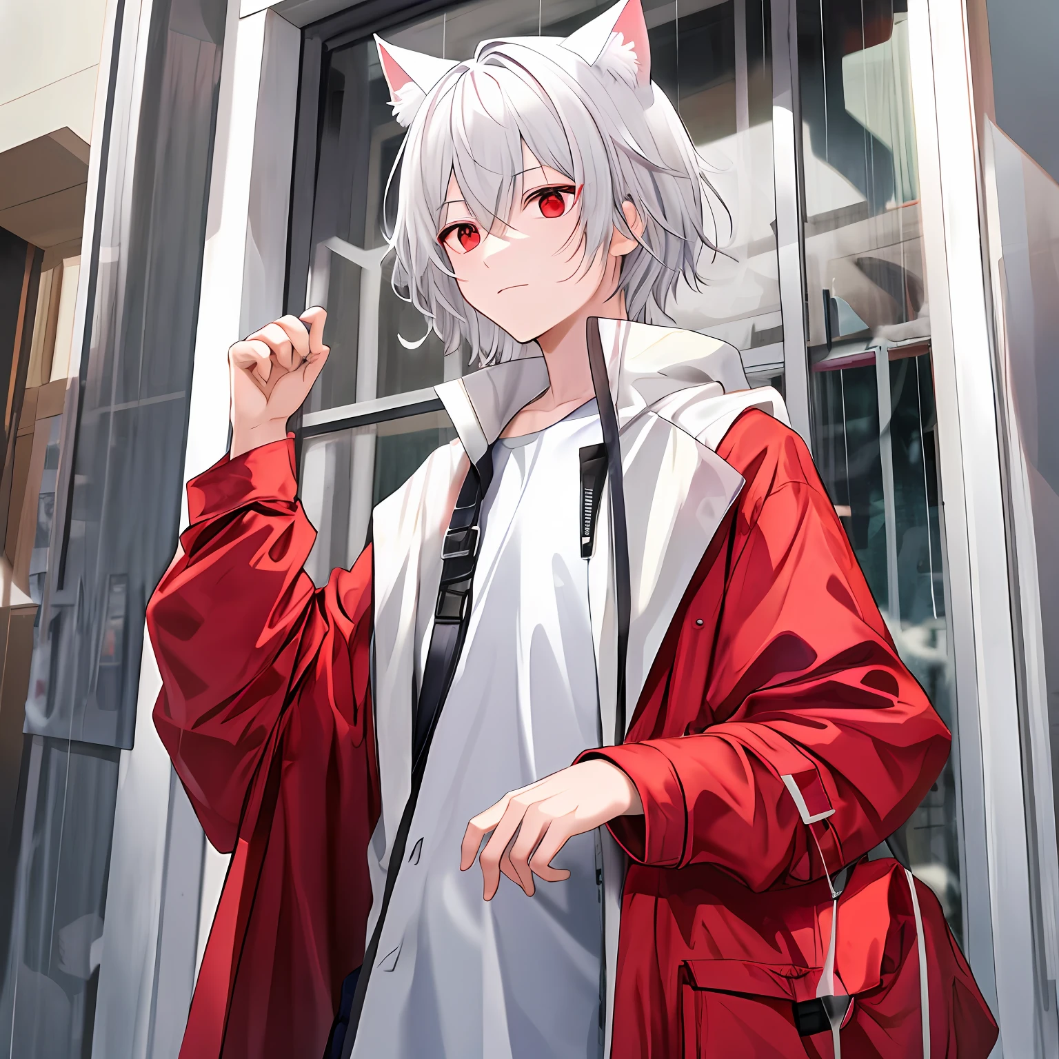 whitehair,red eyes,younge boy,raincoat,cat ear