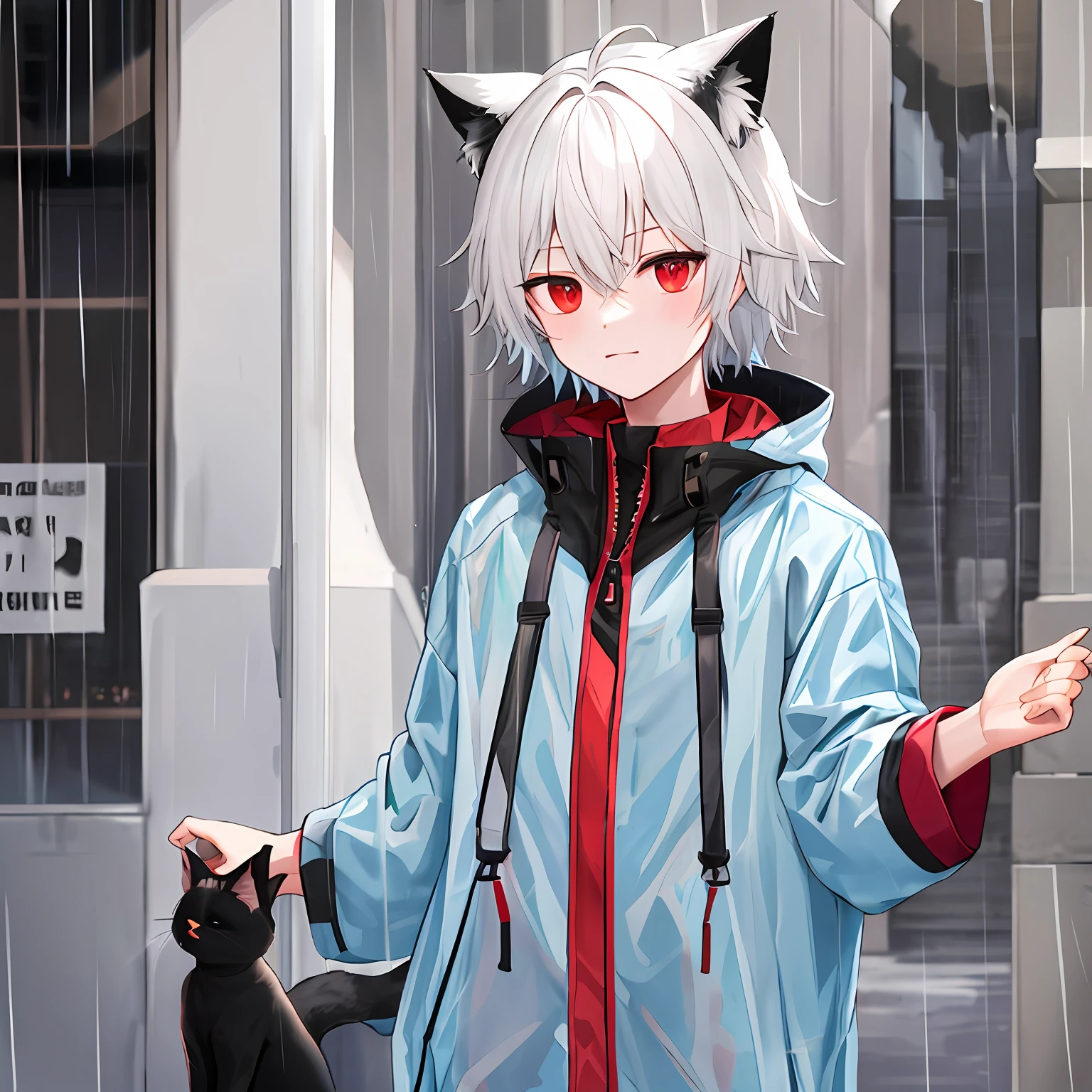 whitehair,red eyes,younge boy,raincoat,cat ear