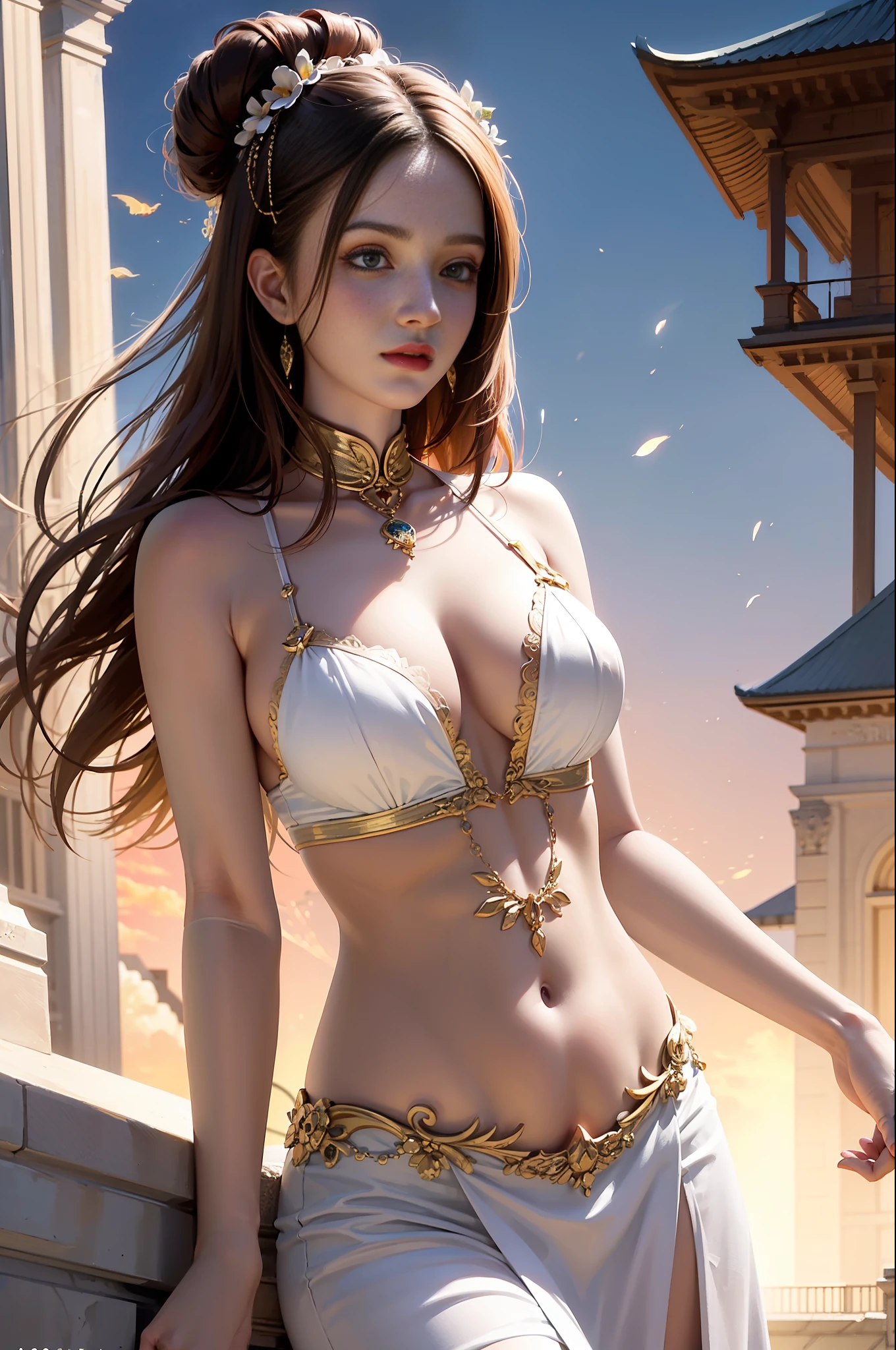 1girls,goddesses,Venus,Delicate and beautiful face,length hair,flowy,full breast,Convex buttocks,Roman skirt,perfectly proportioned, Detailed clothing details,Temple,arena,wonderland,Cinematic lighting, filmgrain, Fujicolor, light and darkcontrast, 8K, 巨作, Textured skin, Super detail, High detail, High quality, high resolucion,
