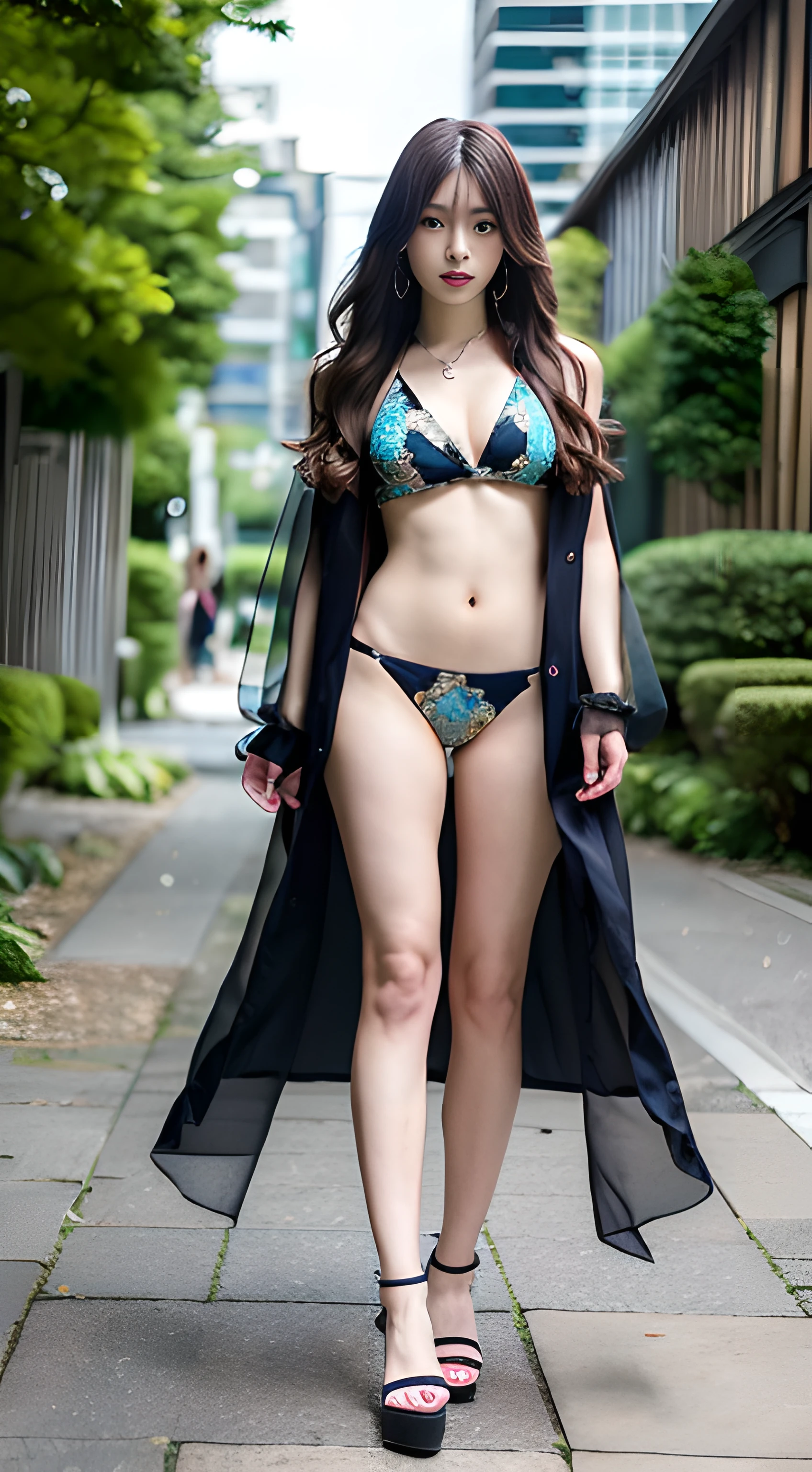 (Masterpiece, Top Quality: 1.3), (Ultra Detailed: 8k CG: 0.2), (Ultra Realistic: 1.35), (Photorealistic: 1.45), (Realistic: 1.5), Posing, Standing, Beautiful Japan Woman, 25 Years Old, Supermodel, Gorgeous, Japan Idol, (Curved Breasts), {Park Fountain in the Background}, Reflected Light, Beautiful Elegant Bikini Top, Ultra Ultra Mini Skirt, Long Hair, Slender eyes, wavy hair, long legs, constricted waist, full body, oversized sheer jacket, as if taken from the front