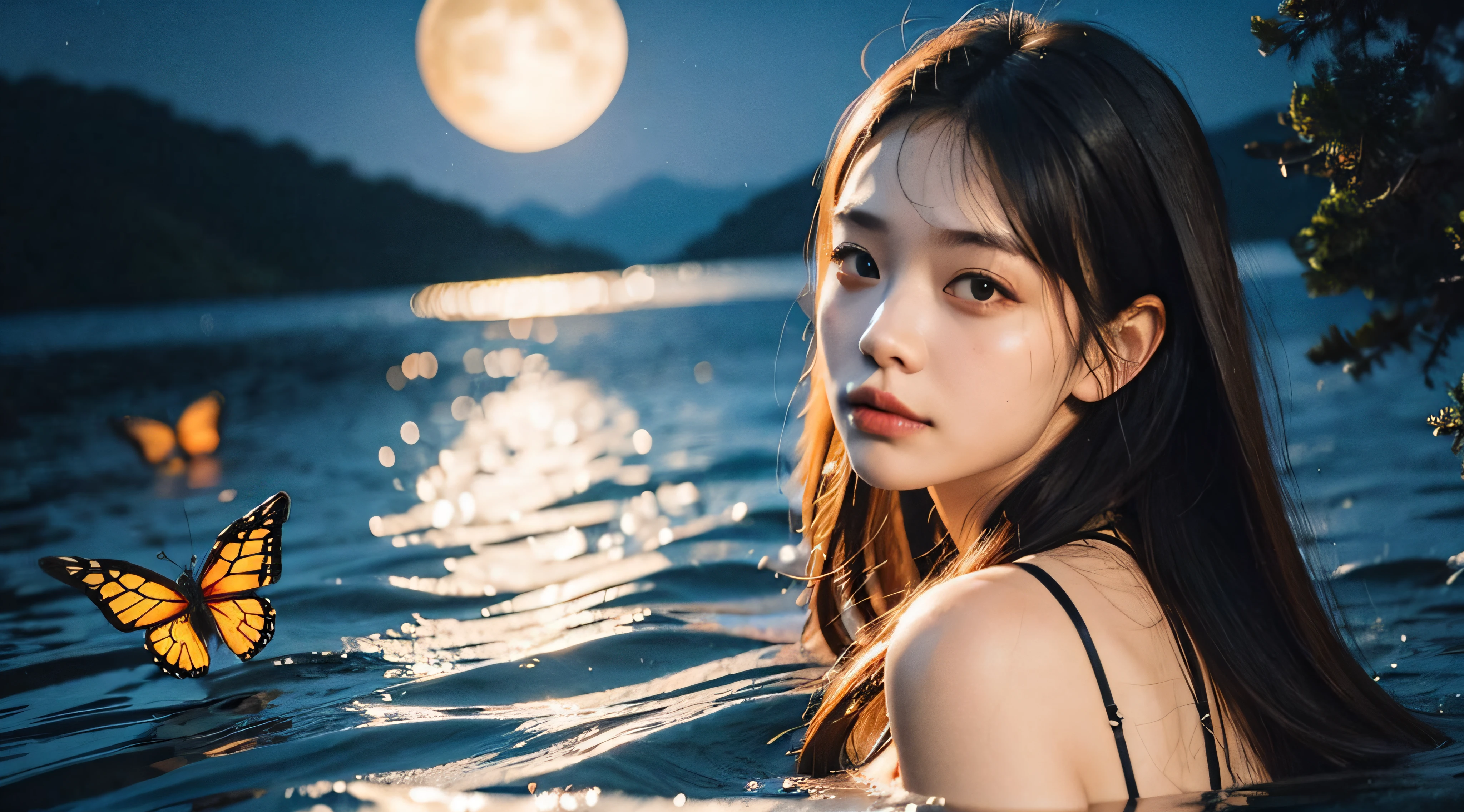 masterpiece, best quality, 1girl, outdoors, black hair, glowing, night sky, yellow eyes, looking back, long hair, butterfly, water,