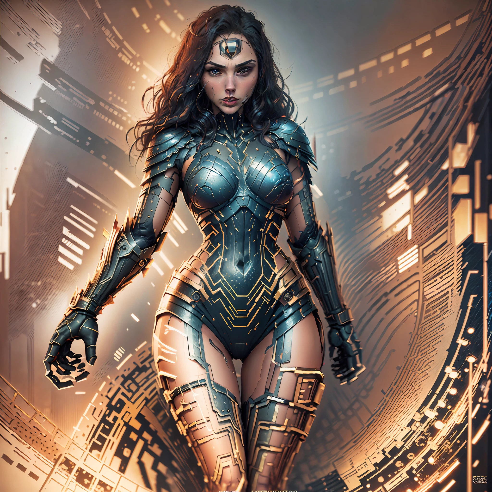 GlowingRunesAIV2_paleblue Highly detailed RAW photo of  gal gadot wearing a wonder woman armor,dynamic pose, (wide hips), (detailed ), (detailed lips), (detailed eyes), (Sci-Fi setting) (detailed face), (curvy), detailed eyes, depth of field, soft lighting, masterpiece, best quality, intricate, (lens flare:0.7), (bloom:0.7), particle effects, raytracing, tone mapped, highly detailed, concept art, smooth, sharp focus, dramatic lighting, highly detailed artwork, cinematic, hyper realistic painting, trending on Artstation, 8K, incredible shadows, realistic, (highly detailed background:1.2)