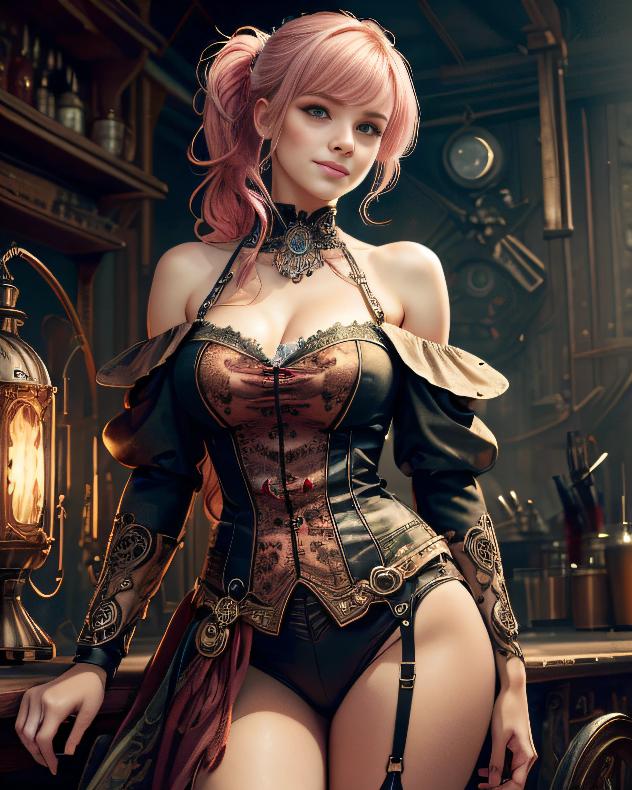 (best quality:1.33), (masterpiece:1.42), (realistic:1.24), (detailed:1.15), 1 girl, adult female, steampunk, sexy outfit, bare shoulders, parted bangs, black hair:pink hair, freckles, long flowing hair, ponytail, smirk, cowboy shot