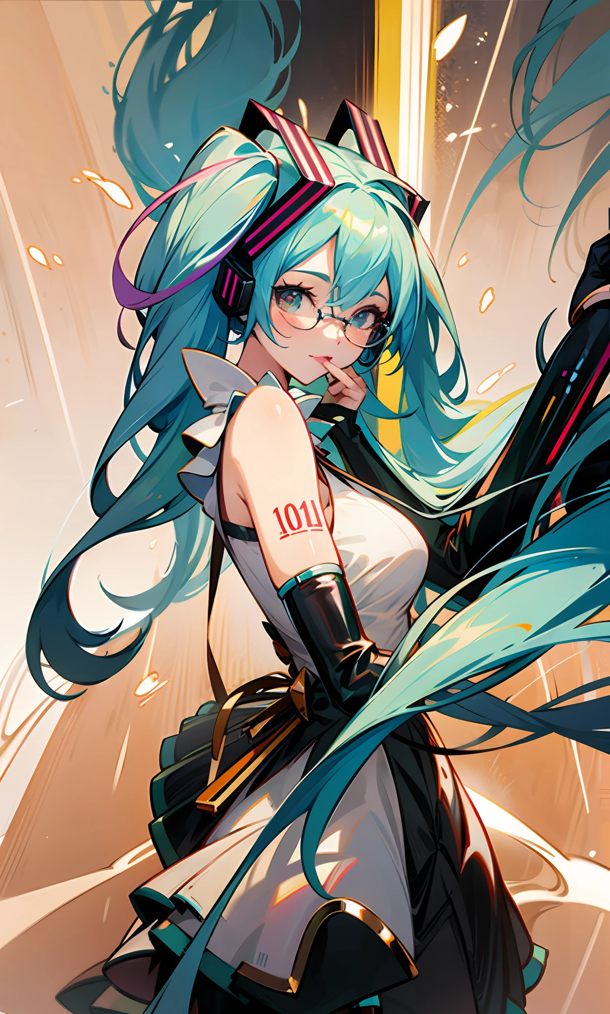 anime girl with blue hair and glasses in a dress, portrait of hatsune miku, mikudayo, hatsune miku portrait, Os amigos, vocaloid, Big breasts Hatsune Miku, Artgerm on ArtStation Pixiv, Artgerm and Atey Ghailan, nightcore, style of anime4 K, artgerm 4 k, trending on artstation pixiv，Complete arm