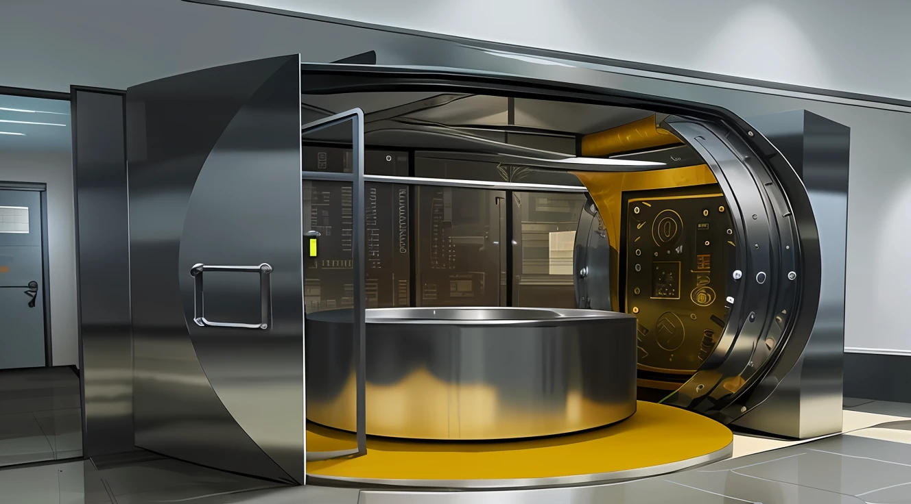 there is a large metal door that is open in a building, open bank vault, set in bank vault room, set in cyberpunk bank vault, giant crypto vault, Vault, open vault, blockchain vault, stainless steal, stainless steel, futuristic cloning facility, everything enclosed in a circle, by Konrad Witz, thumbnail, big room. hiper realistic --auto