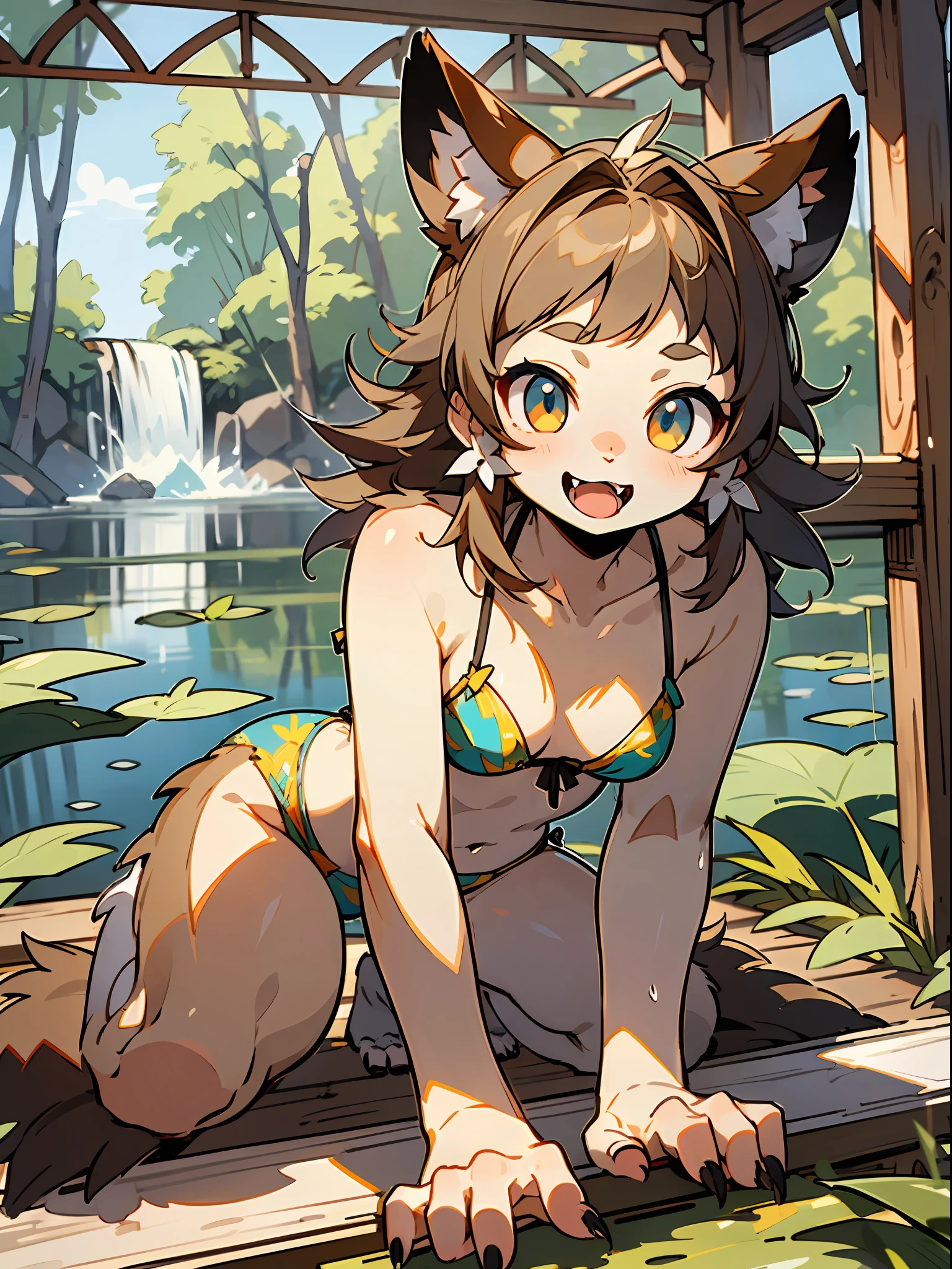 master peice,hyper quality, hyper detailled,Perfect drawing,Hi-Res、独奏、beautiful a girl、bbw、Leaf pattern bikini、Beaver ears:(0.5)、(Beaver's nose)、((Beaver's mouth))、(((Beaver teeth)))、Small eyes、((Beaver's tail))、Beaver's palm、Beaver's paws、Beaver's fingers、sharp claws、Beaver fangs、Hunter's eyes aiming for prey、Mesh for black and light brown hair、Sharp eyes、Height 170cm、MeasurementsB90W60H90、Kneeling、pow pause、(((lakesides)))、beatiful backgrounds、Accurate drawing、Detailed drawing、