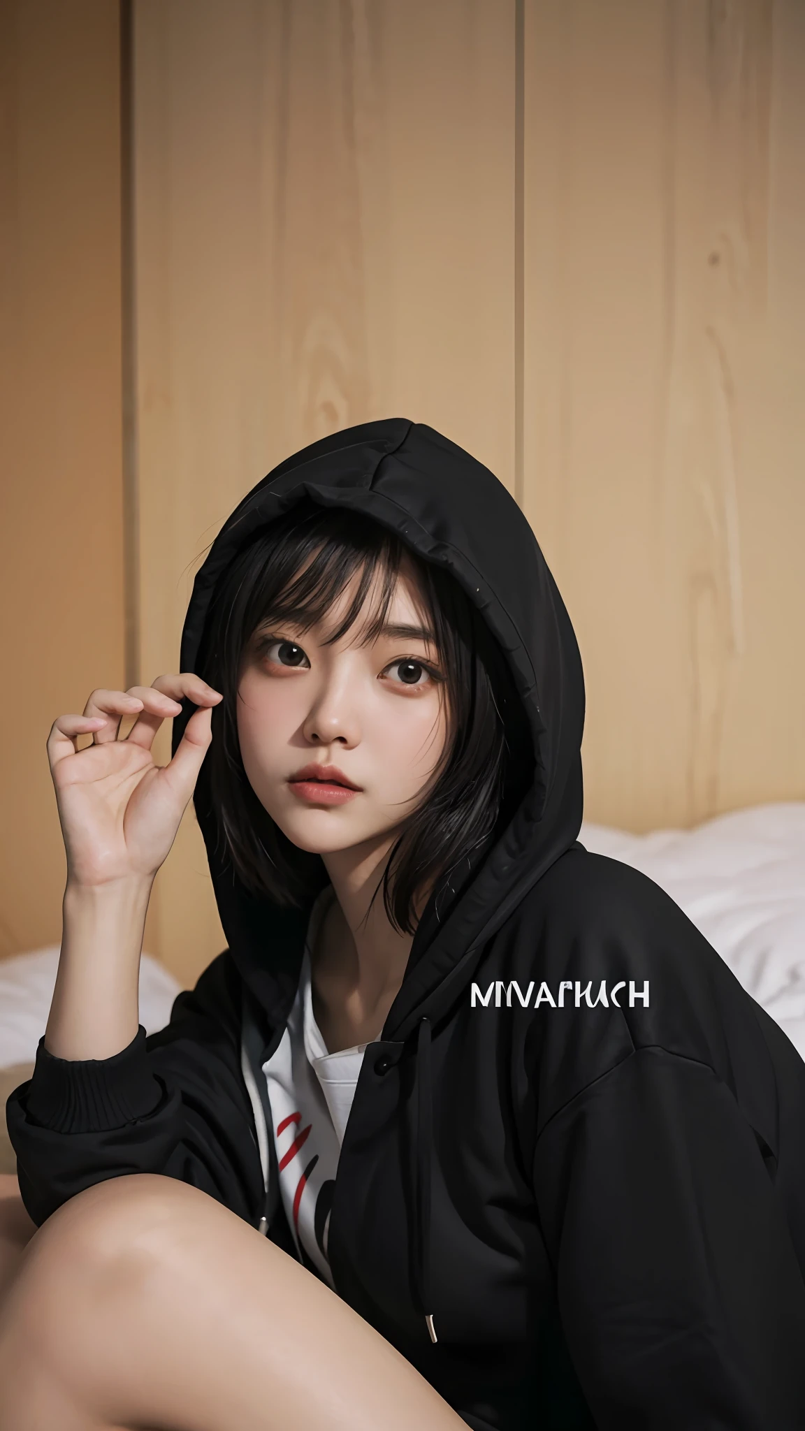 arafed woman in a black hoodie sitting on a bed, chiho, in a black hoodie, minaba hideo, with short hair, 🤤 girl portrait, black hood, inspired by Miwa Komatsu, nivanh chanthara, mihoyo art style, album art, wearing a black hoodie, album art cover, kuvshinov ilya