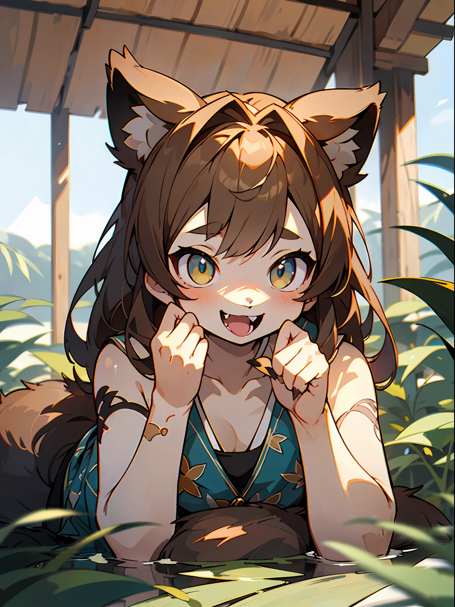 master peice,hyper quality, hyper detailled,Perfect drawing,Hi-Res、独奏、beautiful a girl、bbw、Leaf pattern bikini、Beaver ears:(0.5)、(Beaver's nose)、((Beaver's mouth))、(((Beaver teeth)))、Small eyes、((Beaver's tail))、Beaver's palm、Beaver's paws、Beaver's fingers、sharp claws、Beaver fangs、Hunter's eyes aiming for prey、Mesh for black and light brown hair、Sharp eyes、Height 170cm、MeasurementsB90W60H90、Kneeling、pow pause、(((lakesides)))、beatiful backgrounds、Accurate drawing、Detailed drawing、