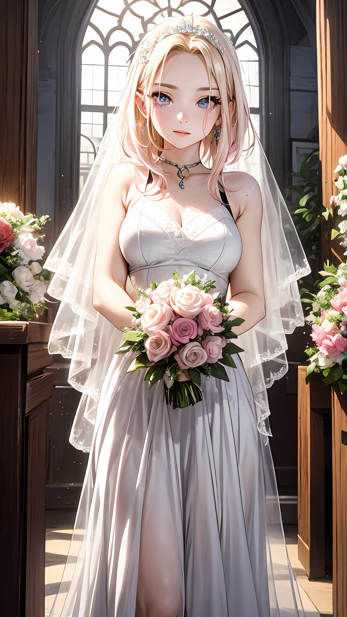 sakura haruno、((独奏))、alone、bride、Wearing a white wedding dress、Queen、happiness、((Show me your forehead))、standing a、Entering the Church、Delicate and young、shorth hair、detailed faces、alta resolução、((a whole body))、(Flowers around her)、a whole body、She is a beautiful woman to marry、High quality and beautiful、Glowing face