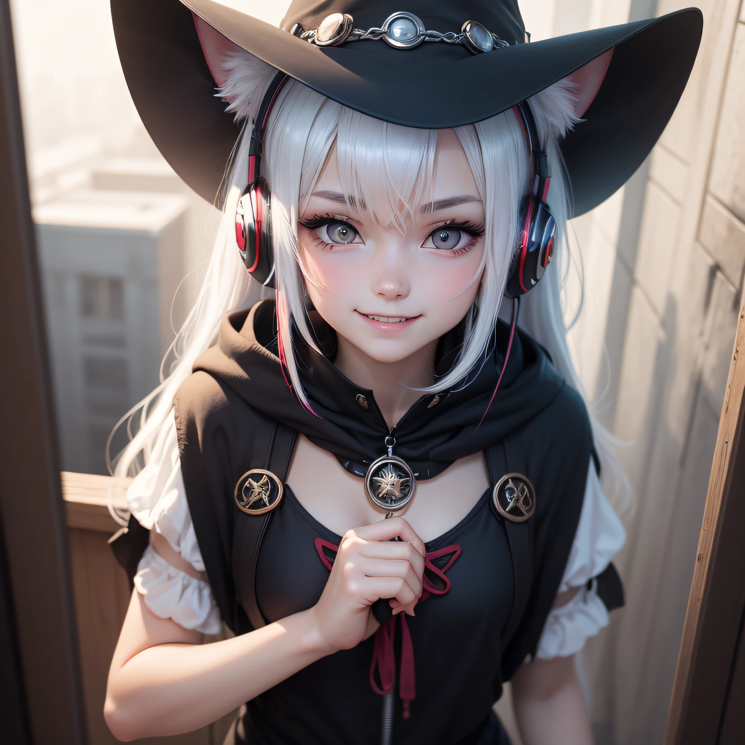 longeyelashes, solid circle eyes, fake animal ears, light smile, fang, white hair, witch hat, multicolored eyes, cat ear headphones, drop shadow, anaglyph, stereogram, tachi-e, pov, atmospheric perspective, chiaroscuro, anime style, 8k, super detail, ccurate, best quality, highres, UHD --auto