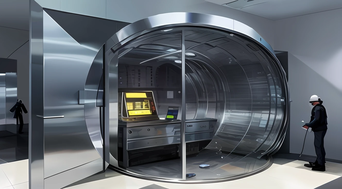 there is a large metal door that is open in a building, open bank vault, set in bank vault room, set in cyberpunk bank vault, giant crypto vault, Vault, open vault, blockchain vault, stainless steal, stainless steel, futuristic cloning facility, everything enclosed in a circle, by Konrad Witz, thumbnail, small chamber. hiper realistic --auto