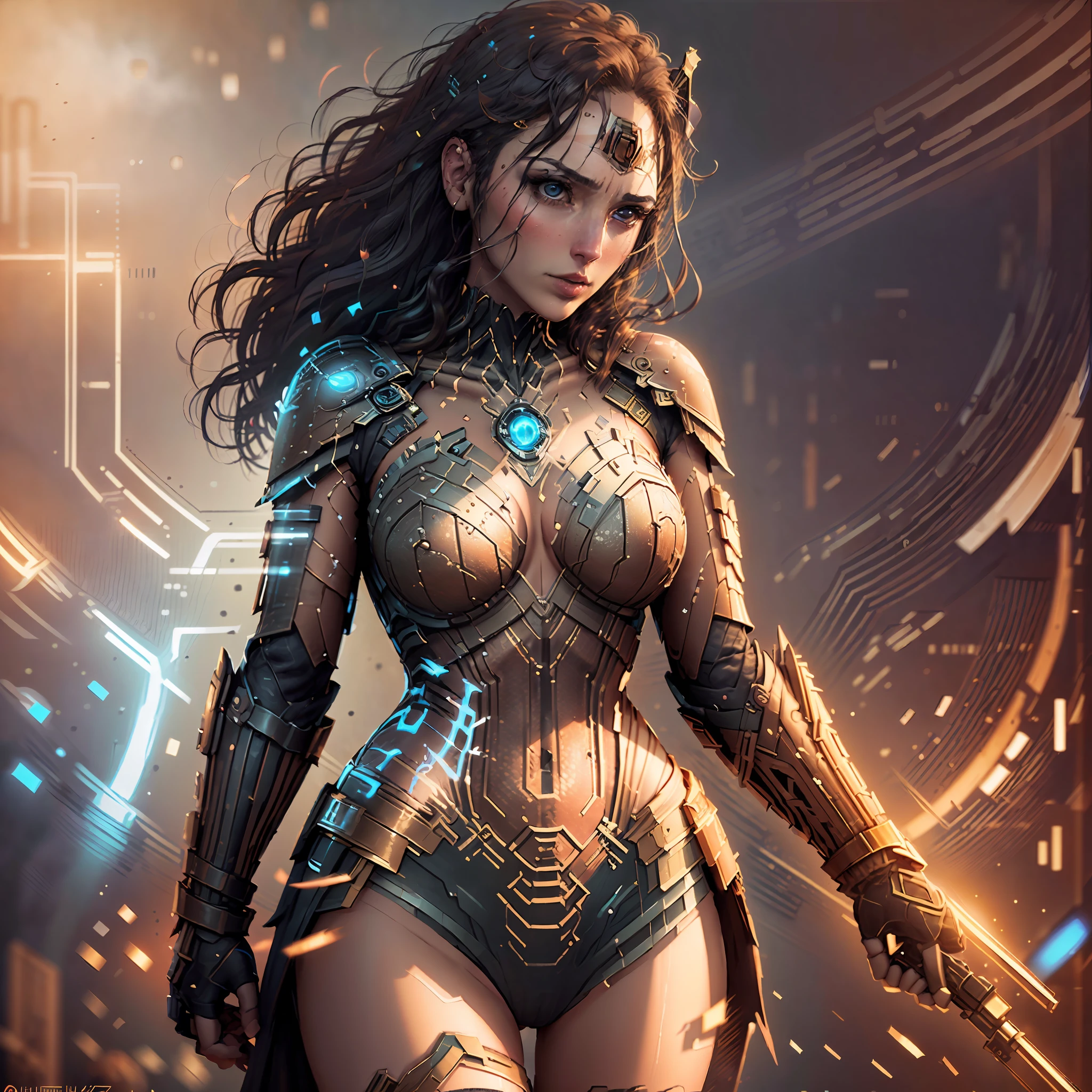 GlowingRunesAIV2_paleblue Highly detailed RAW photo of  gal gadot wearing a wonder woman armor,dynamic pose, (wide hips), (detailed ), (detailed lips), (detailed eyes), (Sci-Fi setting) (detailed face), (curvy), detailed eyes, depth of field, soft lighting, masterpiece, best quality, intricate, (lens flare:0.7), (bloom:0.7), particle effects, raytracing, tone mapped, highly detailed, concept art, smooth, sharp focus, dramatic lighting, highly detailed artwork, cinematic, hyper realistic painting, trending on Artstation, 8K, incredible shadows, realistic, (highly detailed background:1.2)