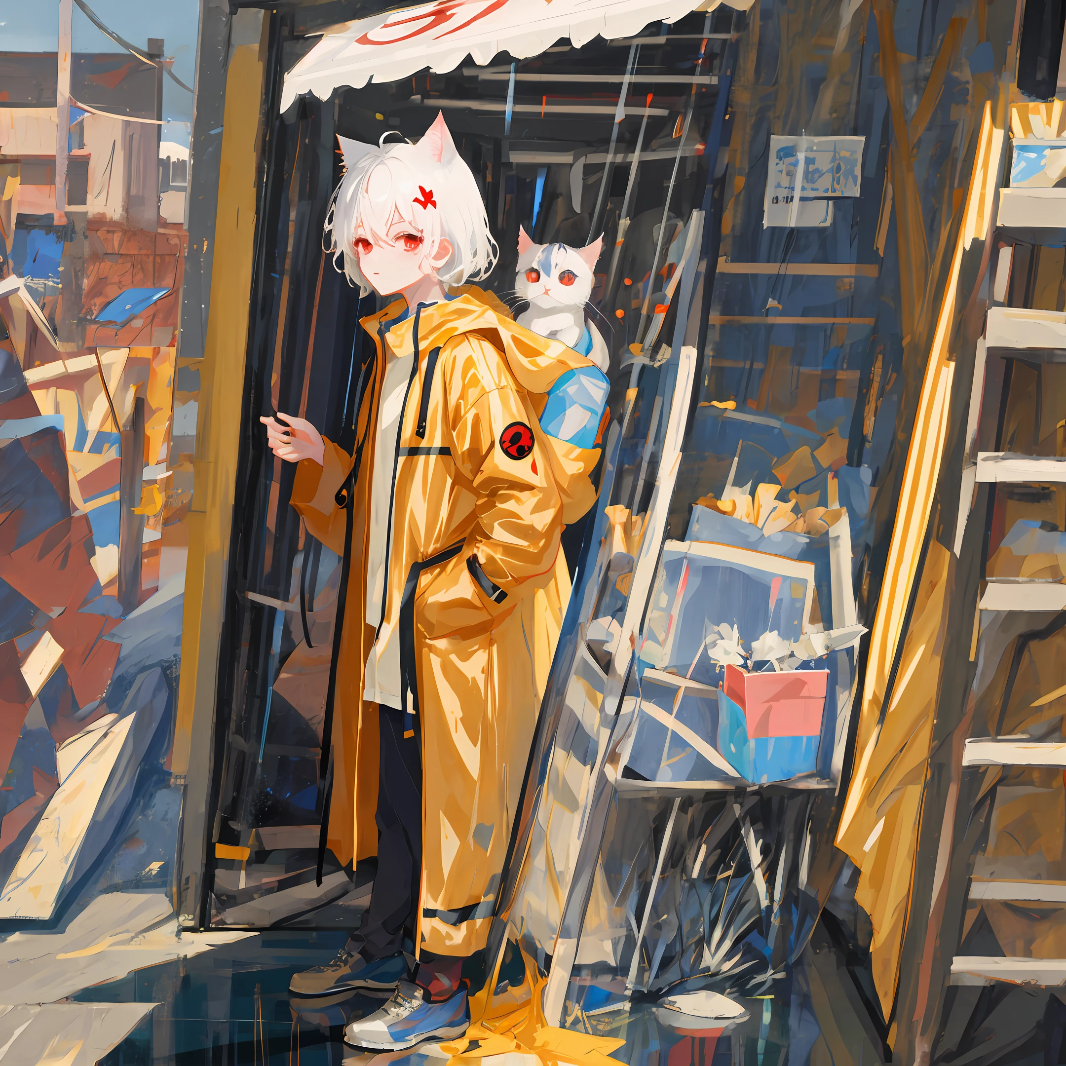 whitehair,red eyes,Blue raincoat,younge boy,cat ear