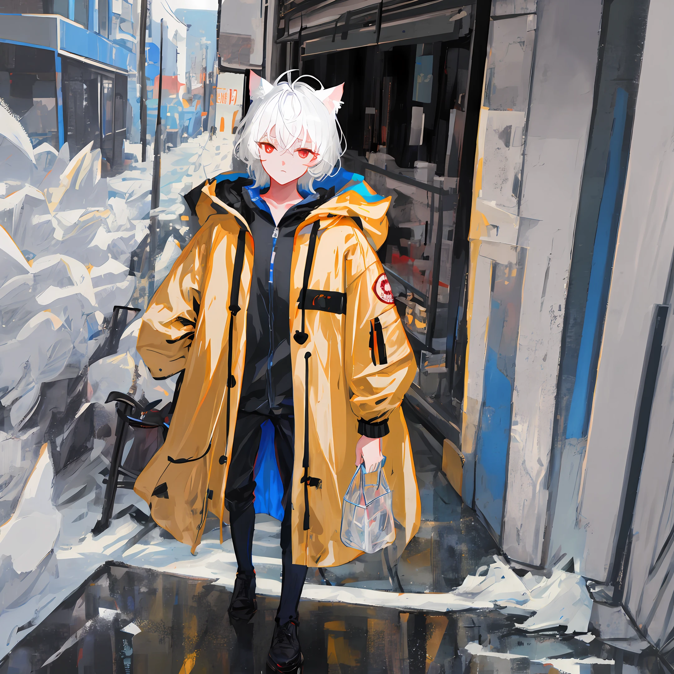 whitehair,red eyes,Blue raincoat,younge boy,cat ear