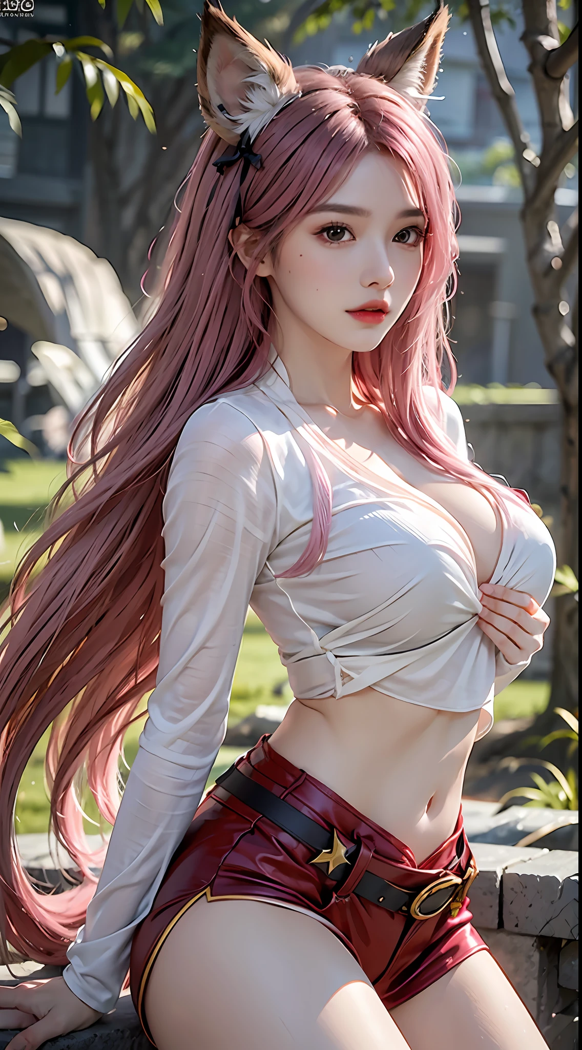 pphotorealistic, high resolution, 1 girl, waist up, beautiful eyes, normal breast, animal ears, solo, fox ears, long hair, pink hair, brown eyes, fox girl, fox tail, spirit blossom ahri, spirit blossom \(league of legends\)