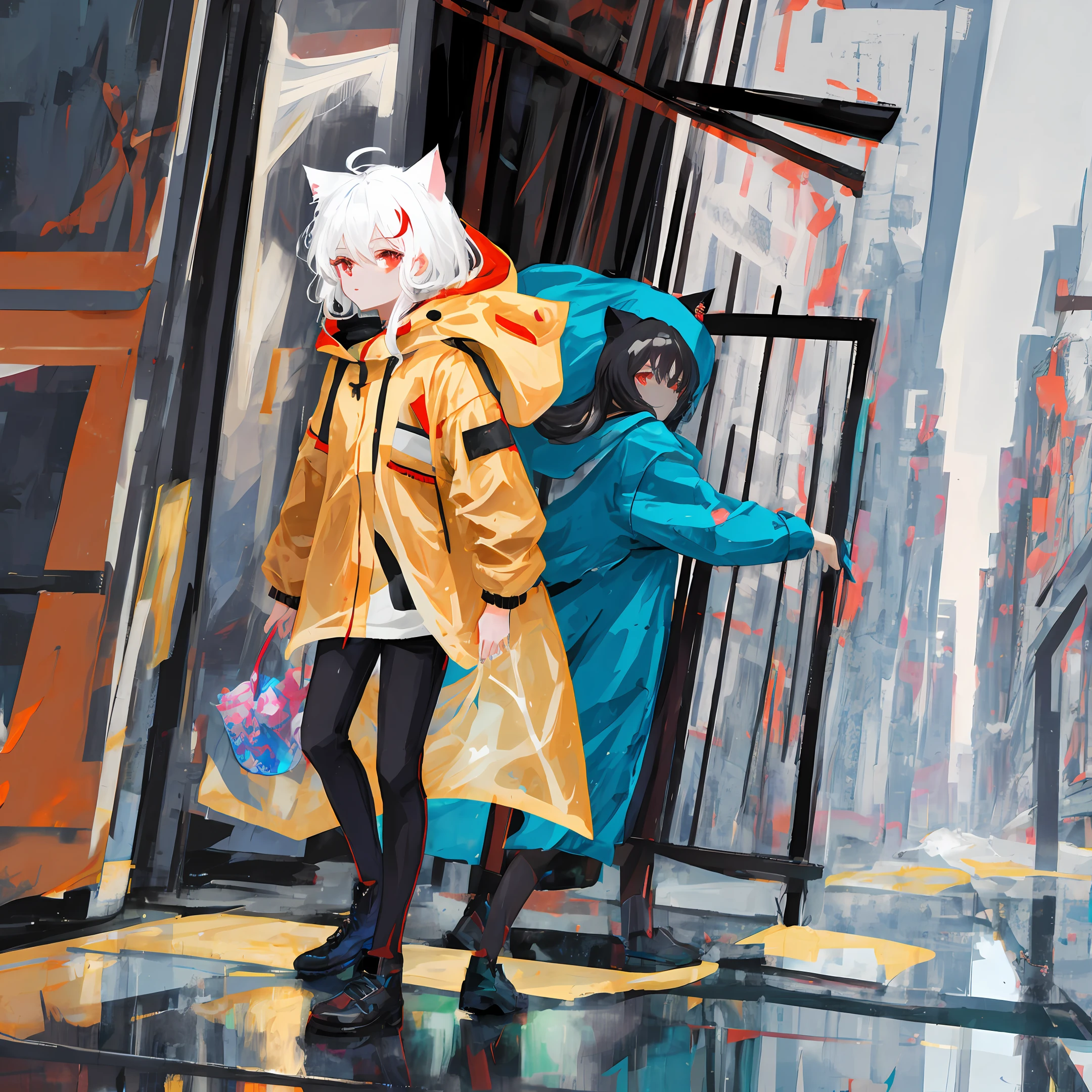 whitehair,red eyes,Blue raincoat,younge boy,cat ear