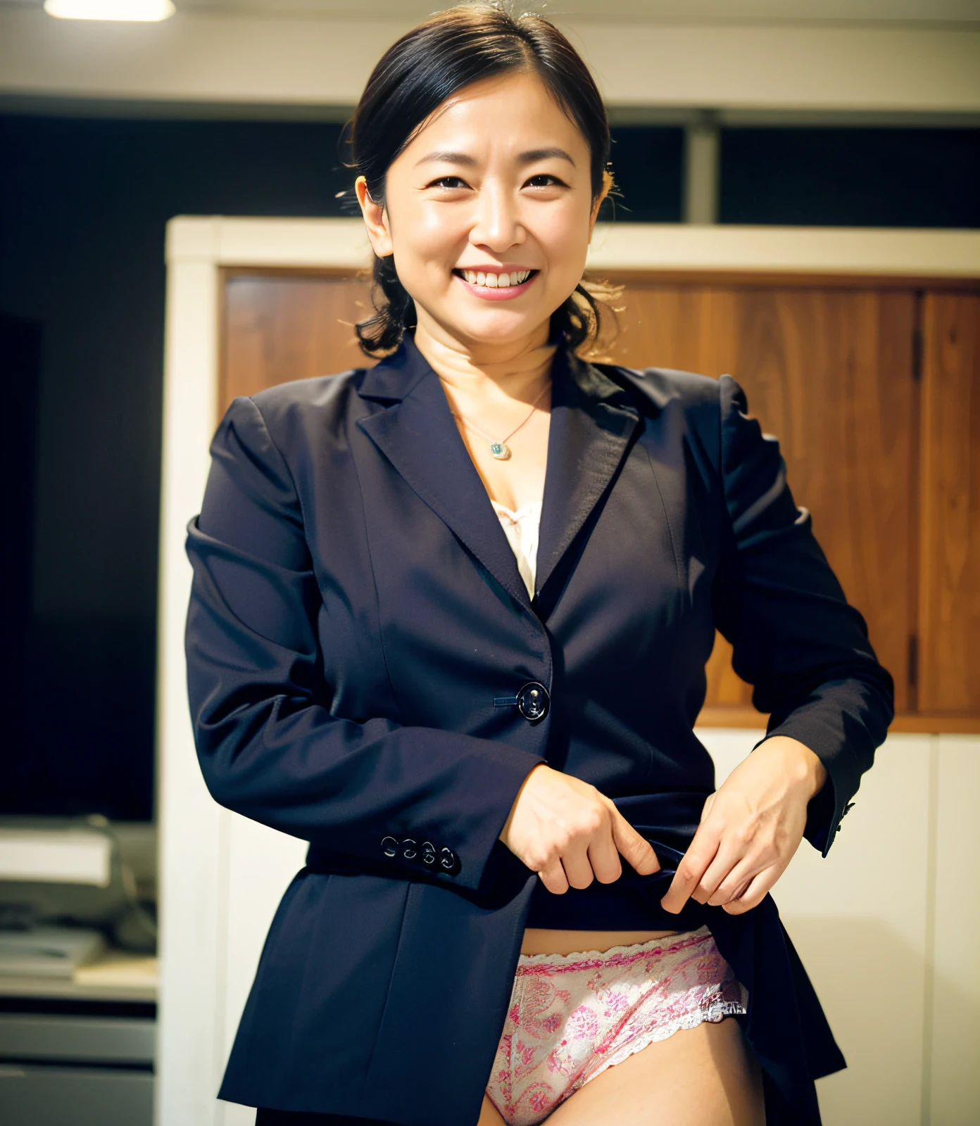 There is a woman in a suit and panties standing